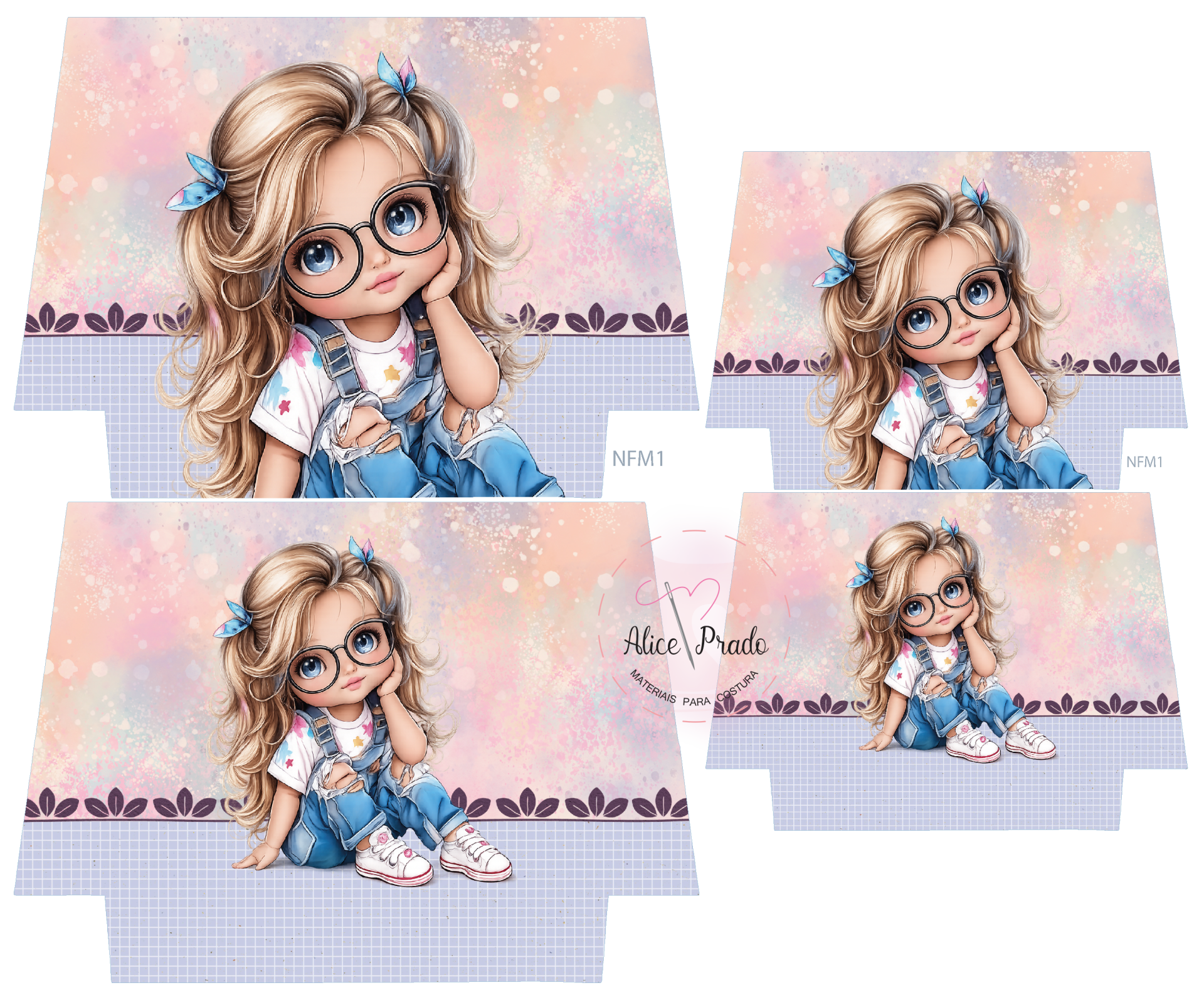 Padrões de costura com ilustração de menina loira de óculos e roupa casual sobre fundo rosa e azul quadriculado