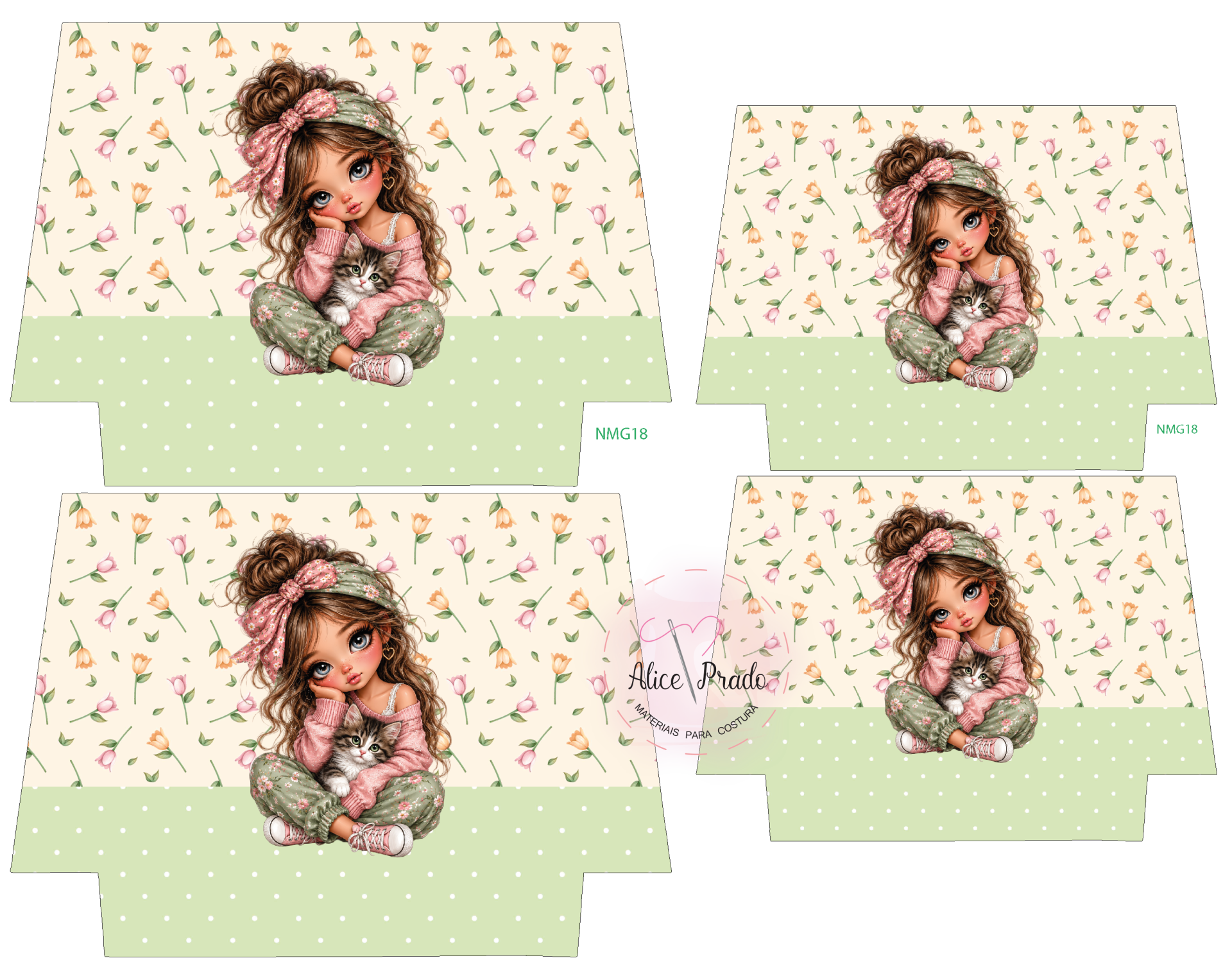 Painel de tecido para costura com ilustração de menina e gato sobre padrão floral