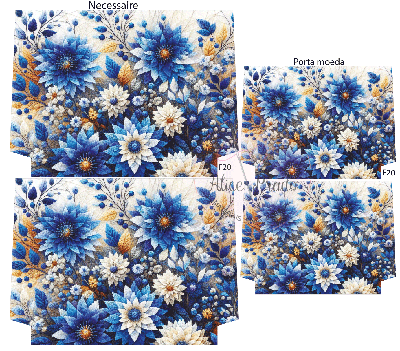 Conjunto de necessaire e porta moeda com padrão floral azul e branco
