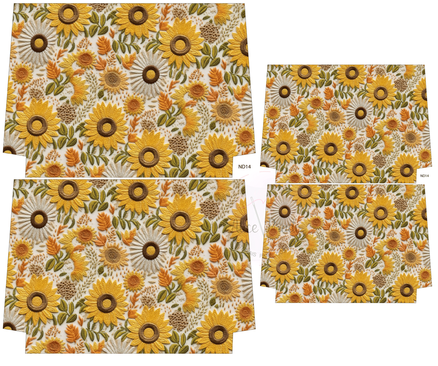 Toalhas de mesa com padrão de girassóis em amarelo e verde com etiqueta ND14