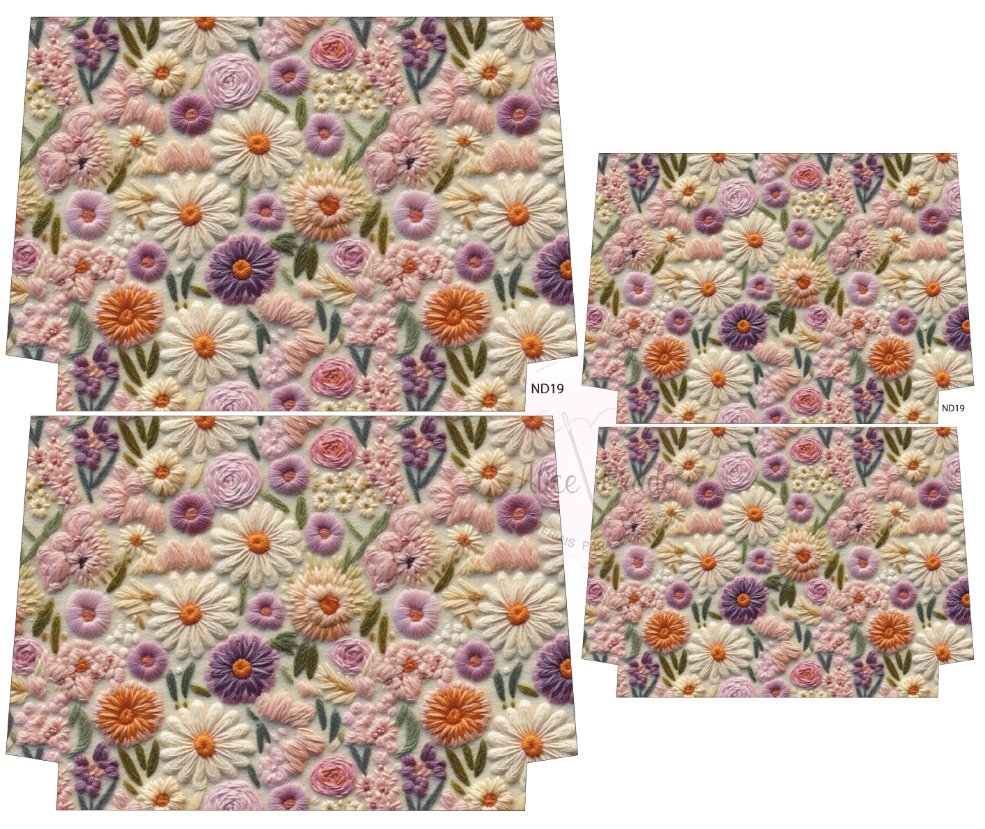 Tecido estampado com padrão floral colorido em quatro pedaços