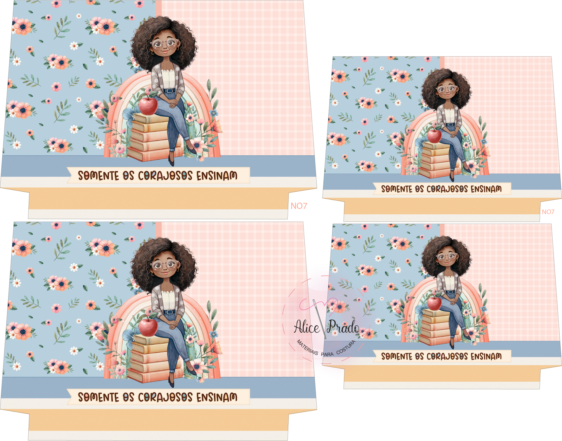 Cadernos escolares com capa ilustrada por rapariga sentada em pilha de livros, fundo floral e texto 'SOMENTE OS CORAJOSOS ENSINAM'.