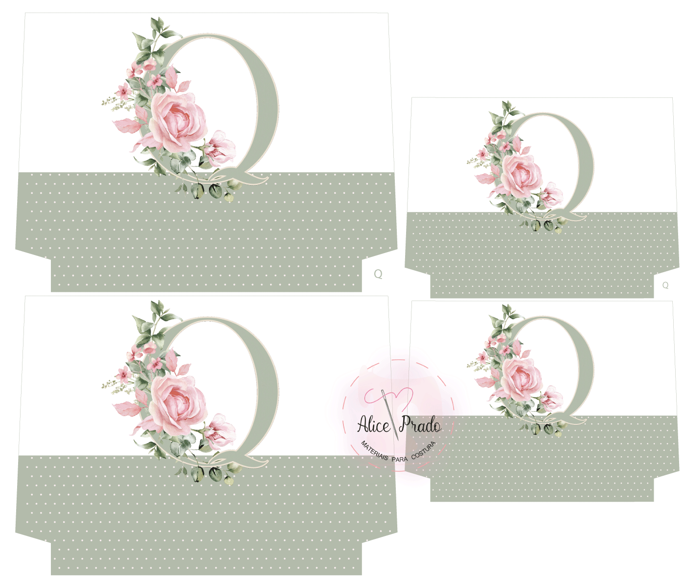 Embalagens de papel com letra Q e flores em padrão cinza