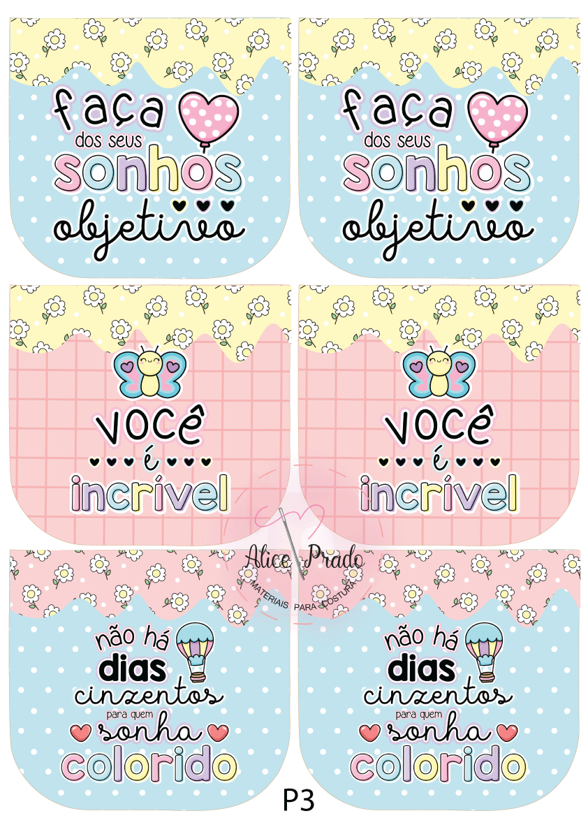 Etiquetas coloridas decorativas para artesanato com mensagens inspiradoras em português e padrões de flores, bolinhas, corações e borboletas.