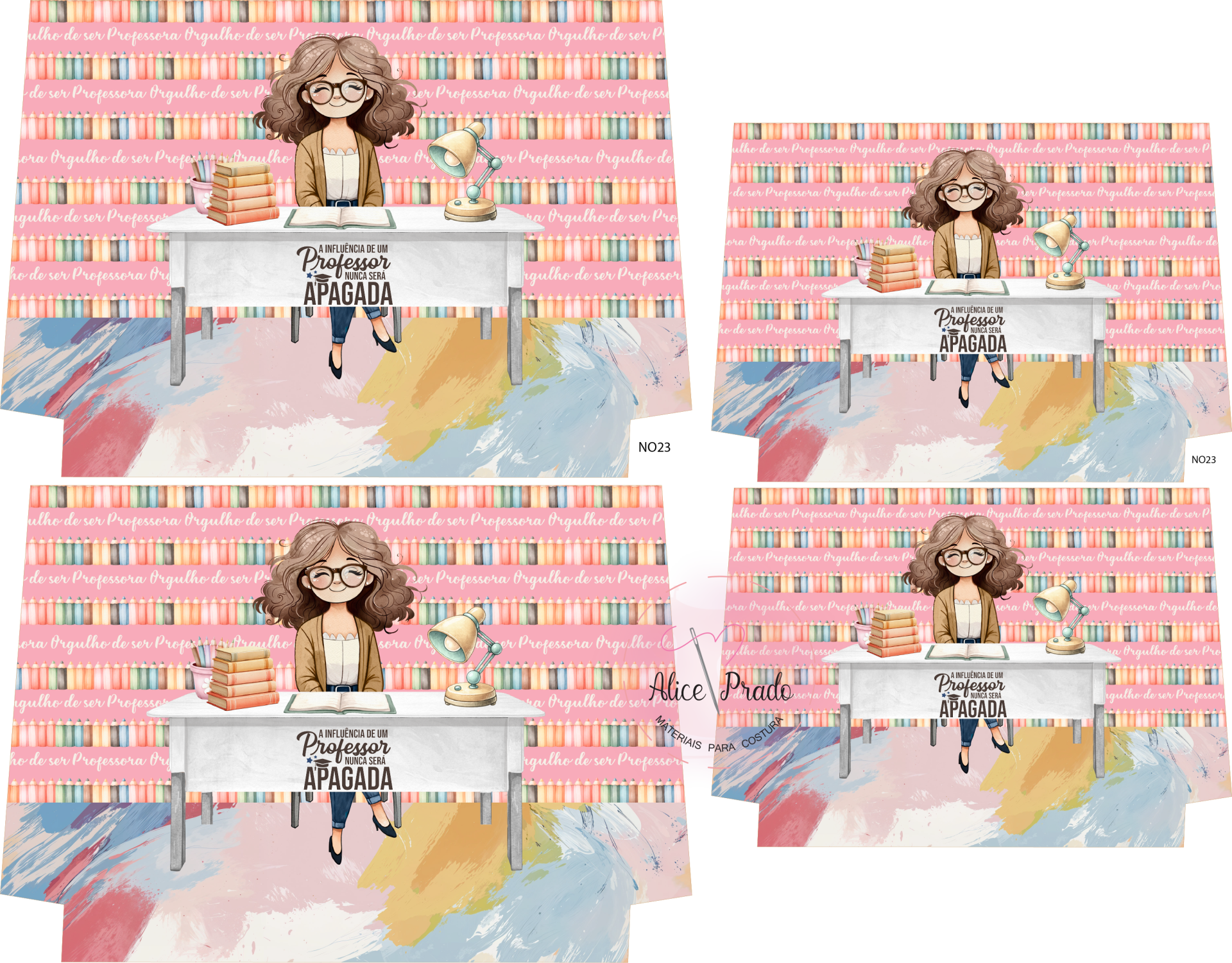 Estampados com desenho de professora em secretária branca, livros, luminária e padrão colorido