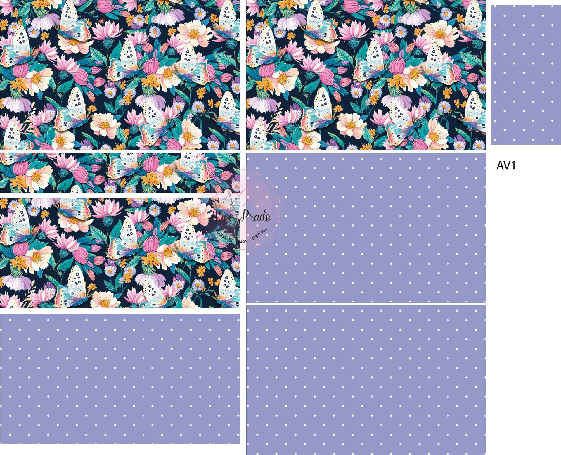Tecidos com padrão floral e borboletas e padrão de bolinhas brancas em fundo azul-lilás