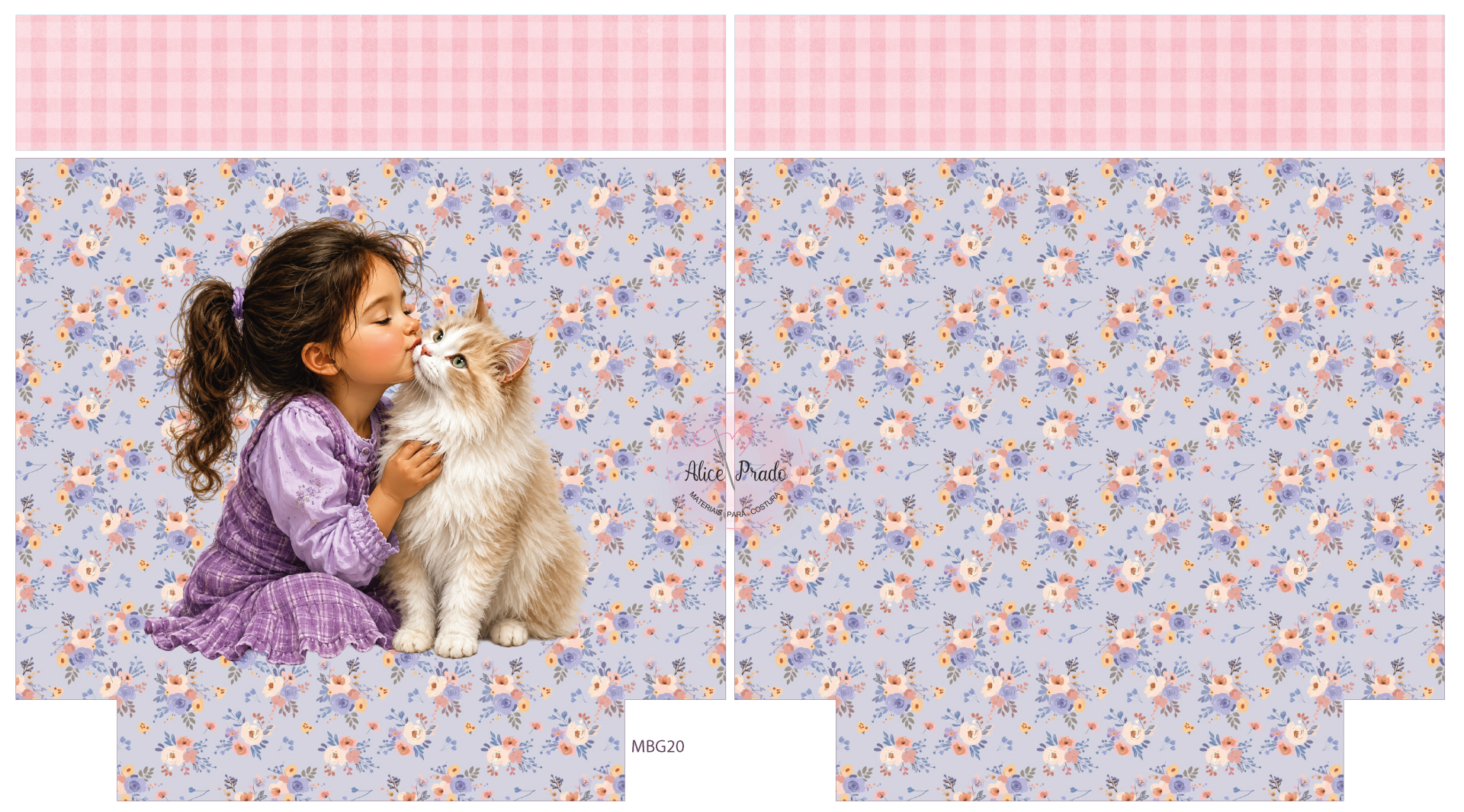 tecidos rosa xadrez e lilás floral com menina a beijar gato branco e bege