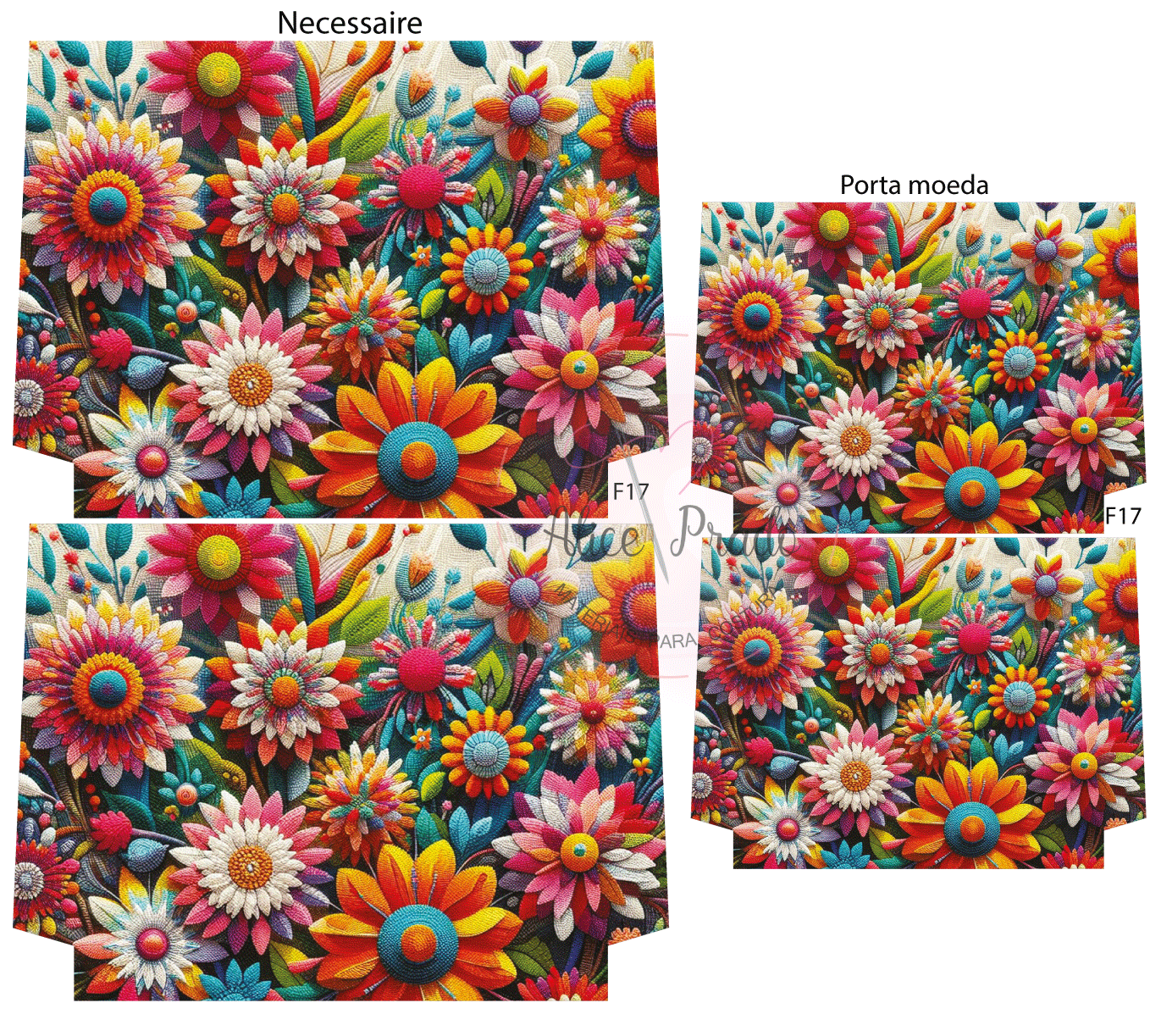 Conjunto de produtos com padrão florido colorido e texto identificativo