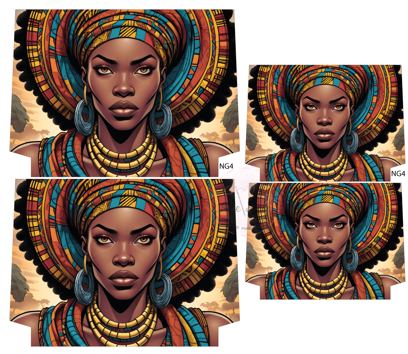 Ilustração de mulher negra com turbante colorido e joias grandes
