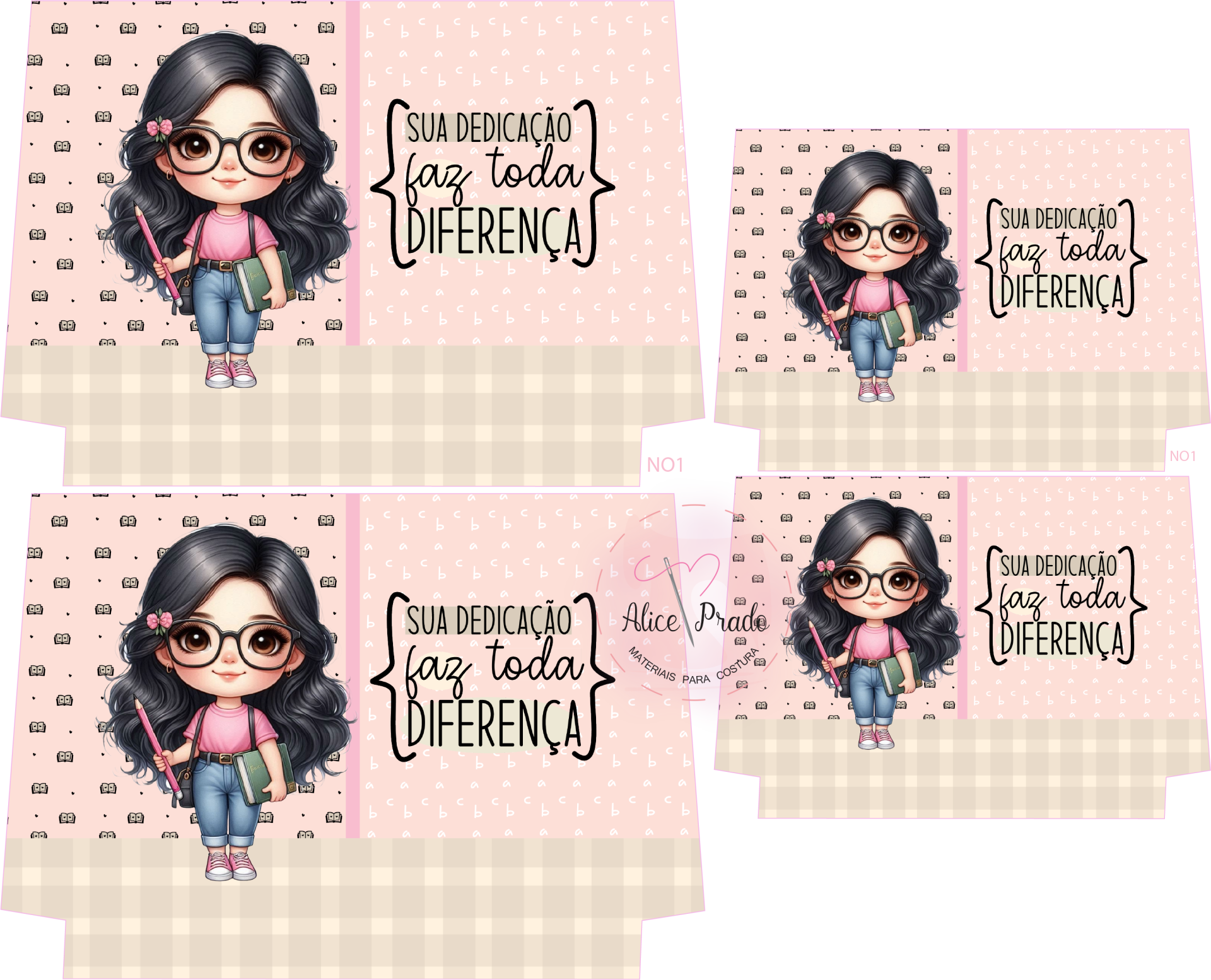 Etiquetas com ilustração de menina e texto motivacional em fundo rosa e xadrez bege