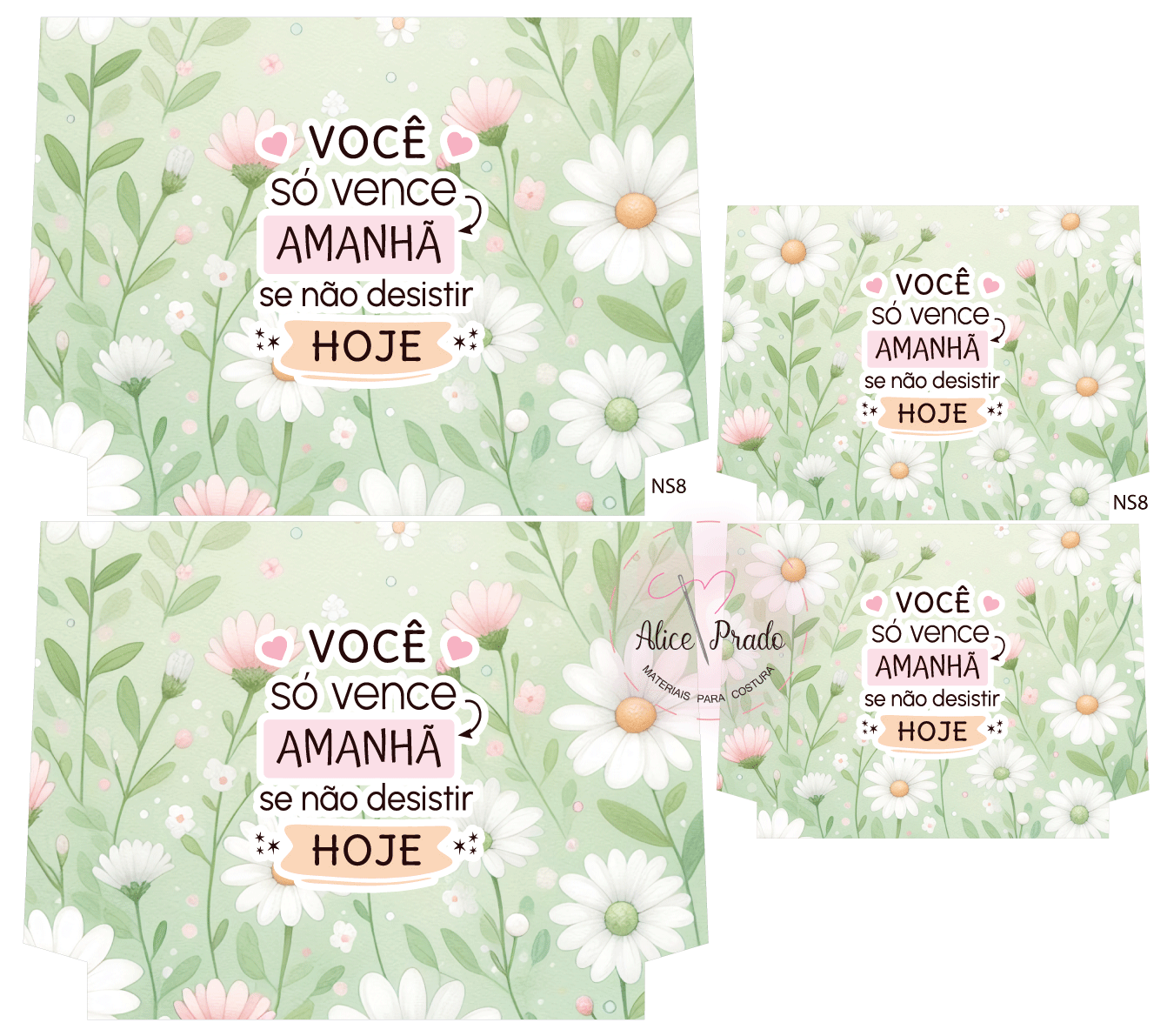 Blocos com padrão floral e texto motivacional em português