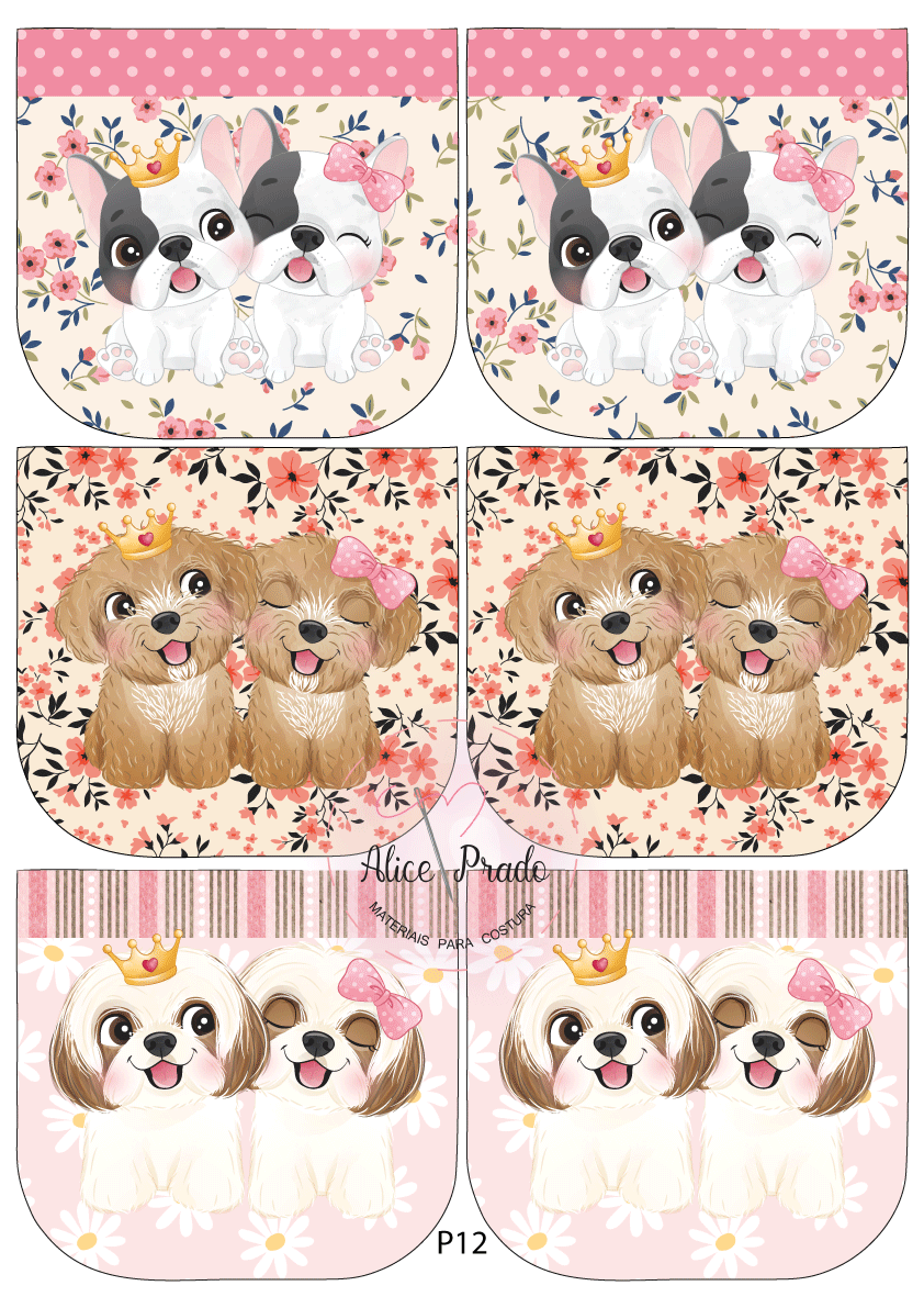 Almofadas com estampas de cães cartoon alegres sobre fundos florais coloridos.