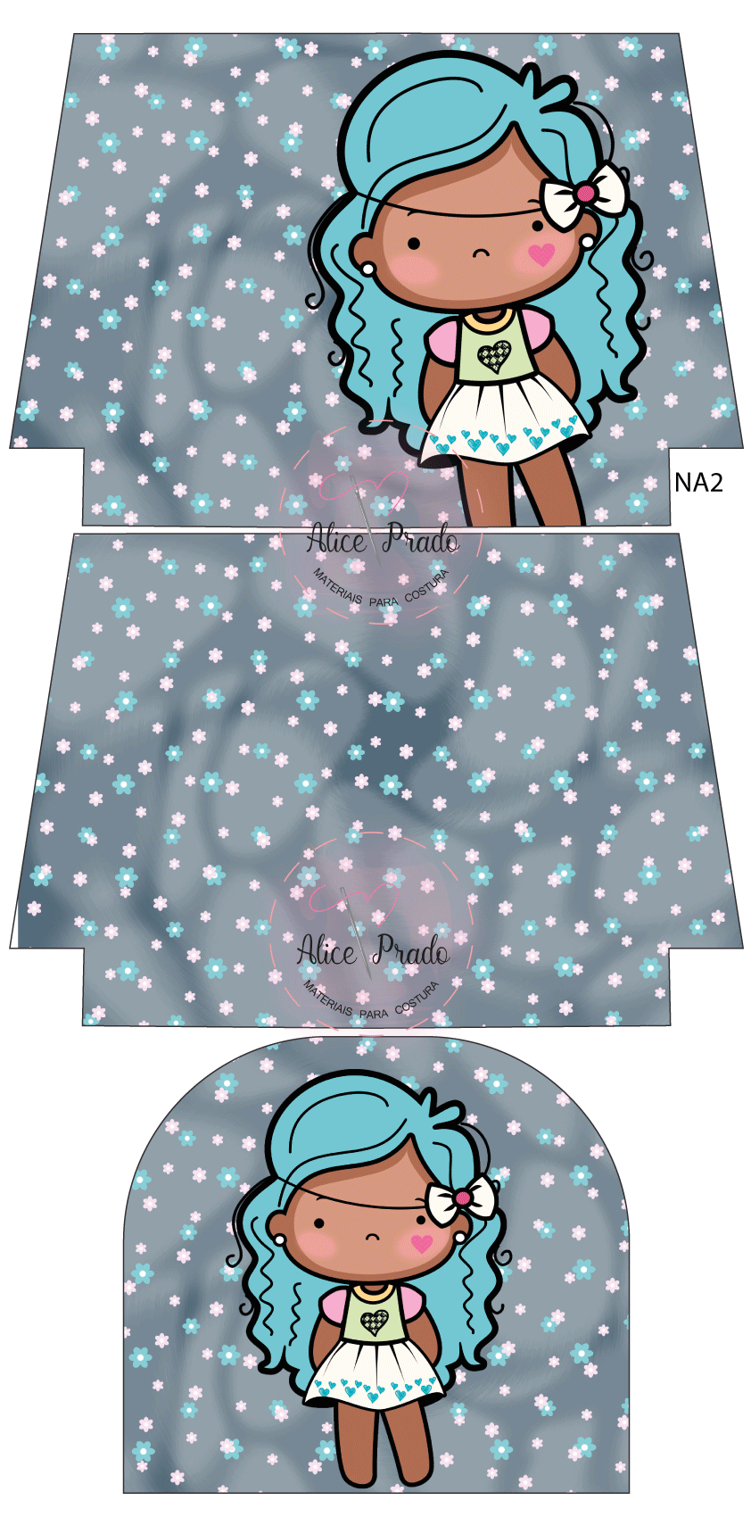 Padrão de tecido cinza com flores e ilustração de menina com cabelo azul e vestido branco