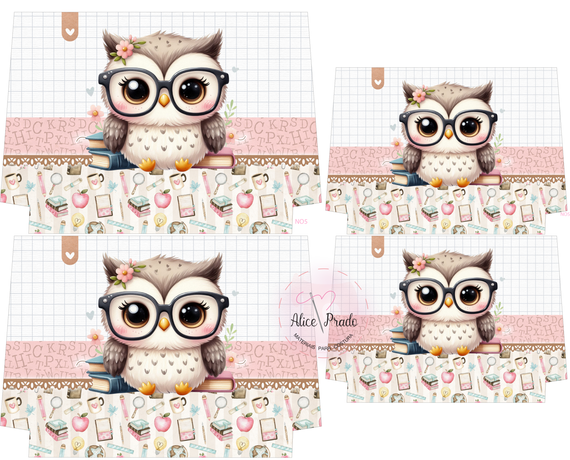 Moldes para caixas de papel com design colorido de coruja e ícones escolares