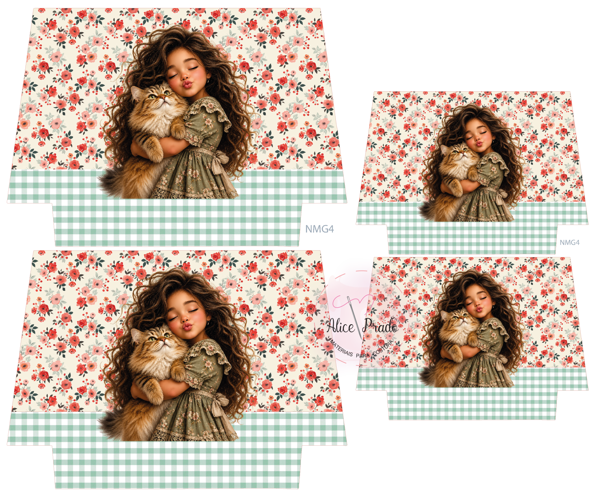 Caixas de papel com padrão floral e xadrez, imagem de menina com gato e código NMG4