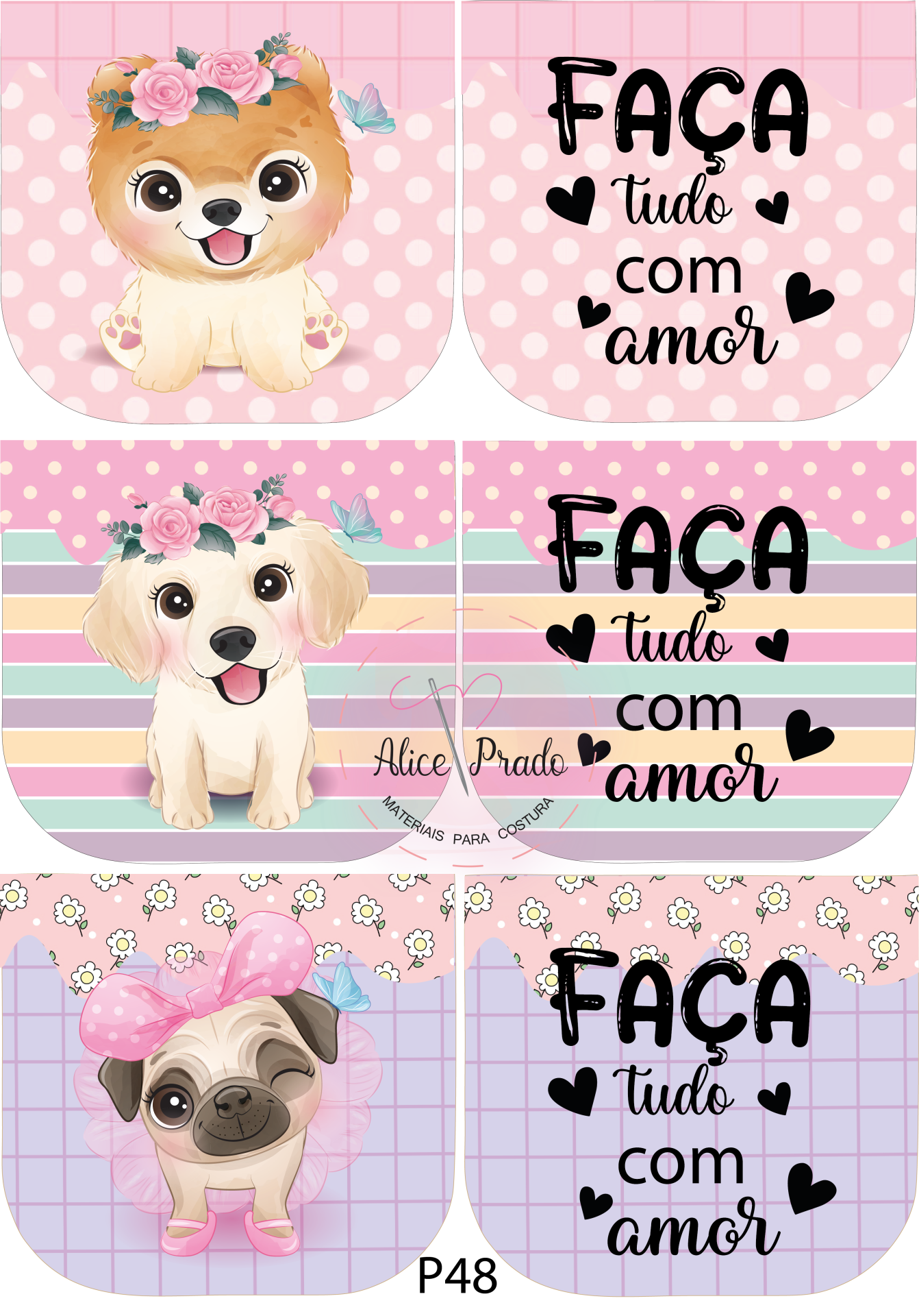 Três desenhos com cachorros fofos e texto 'FAÇA tudo com amor' em fundos coloridos com padrões