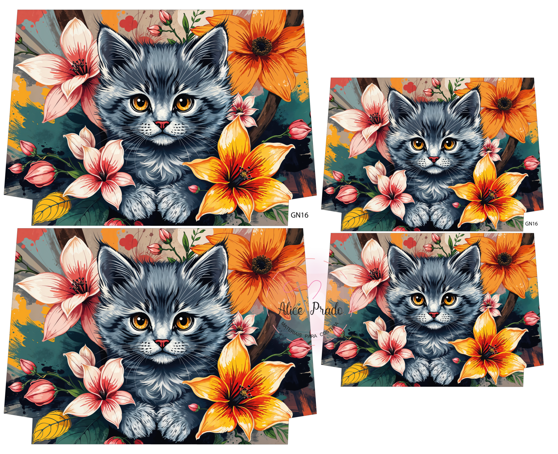 Imagem digital de gato cinzento com olhos amarelos e flores laranja e rosa