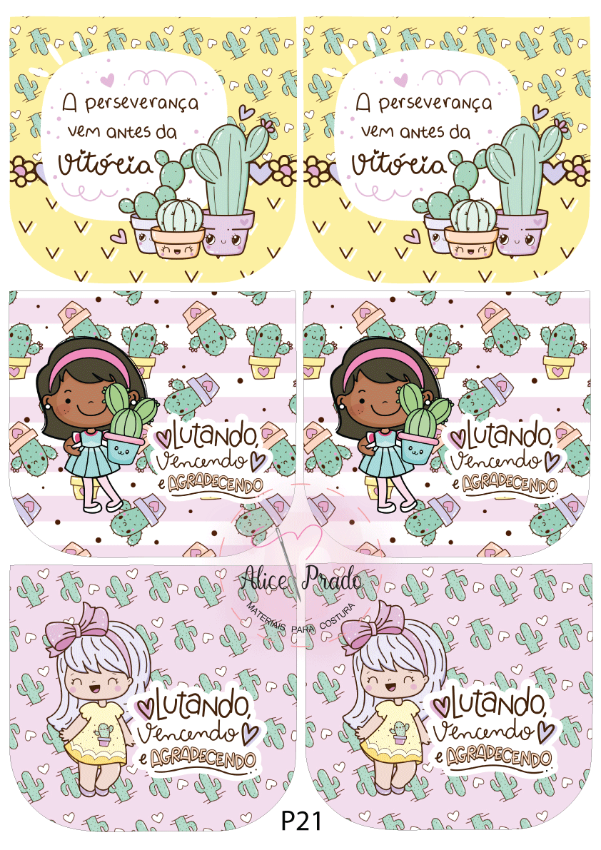 Cartões com ilustrações de cactos e crianças com mensagens motivacionais em português