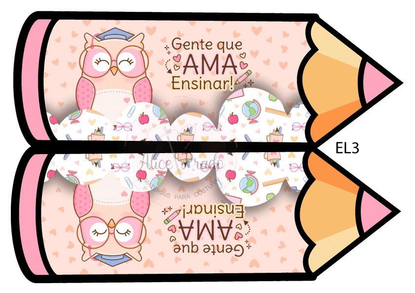 Marcadores de lápis rosa com coruja e texto Gente que AMA Ensinar