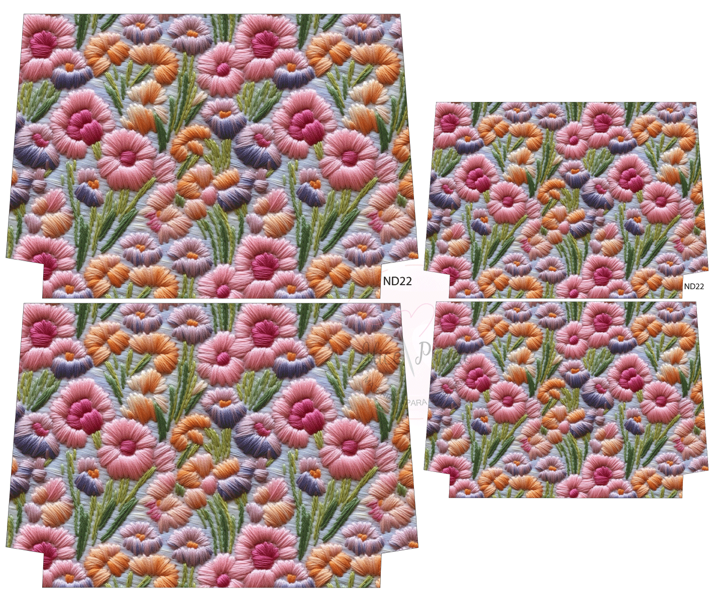 Tecido estampado com flores coloridas em amostras com etiqueta ND22