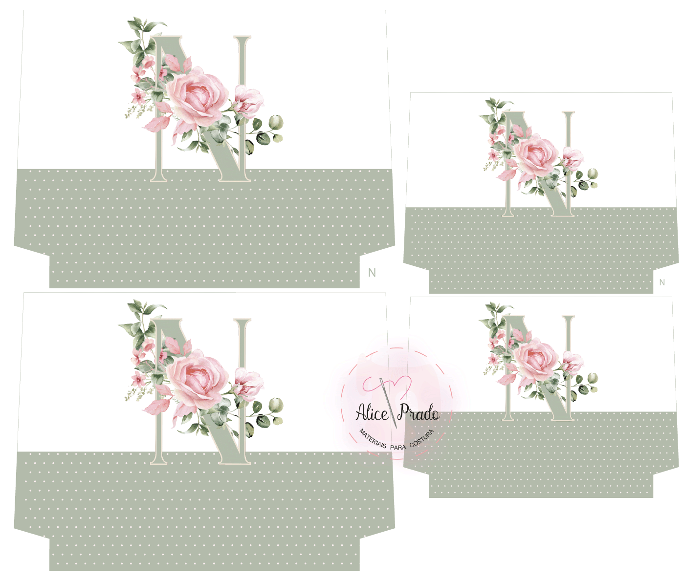 Conjunto de caixas decorativas com flores e letra N em padrão verde e branco