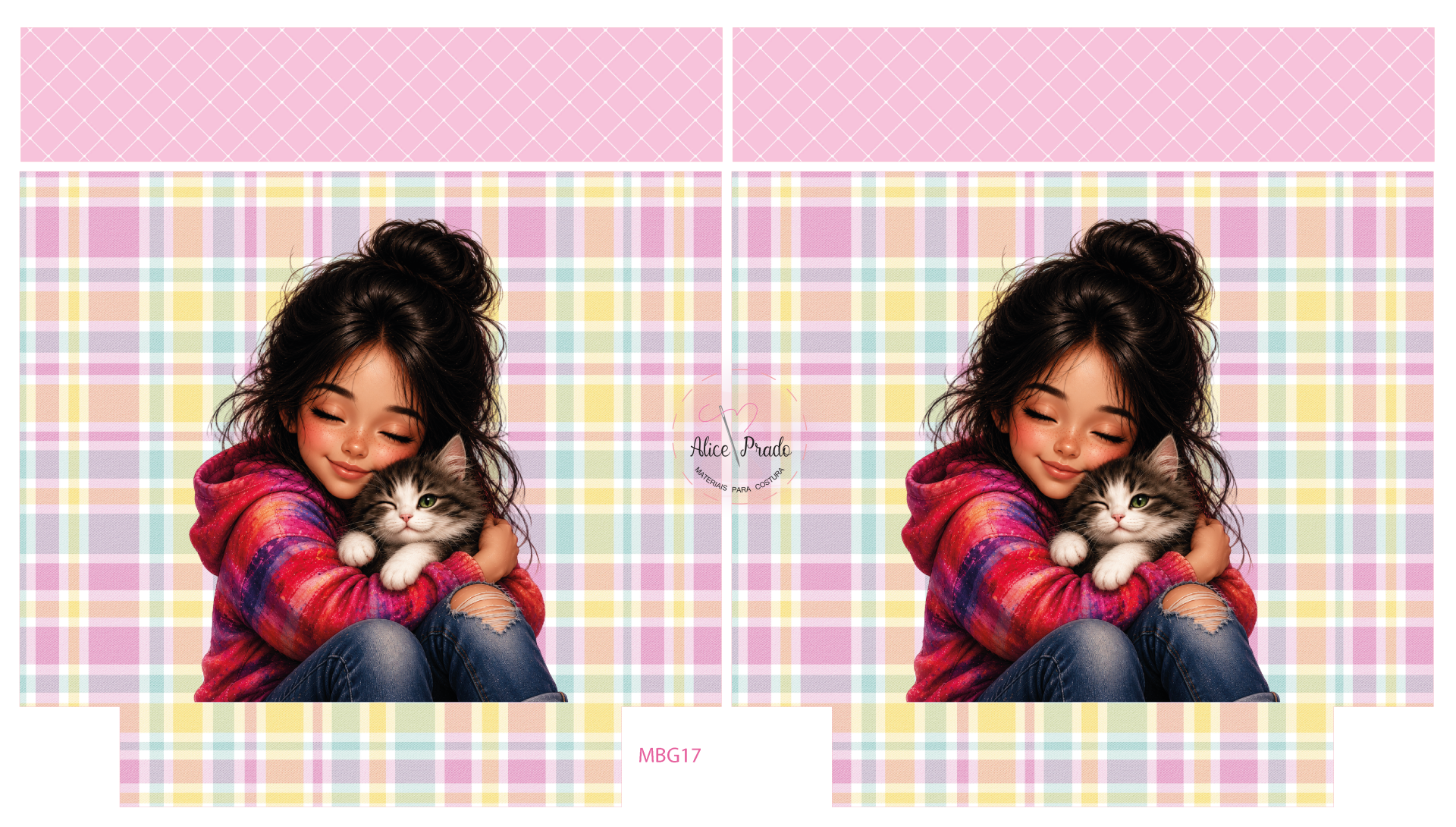 Ilustração de menina abraçando gato sobre fundo xadrez colorido com texto Hair Pack.