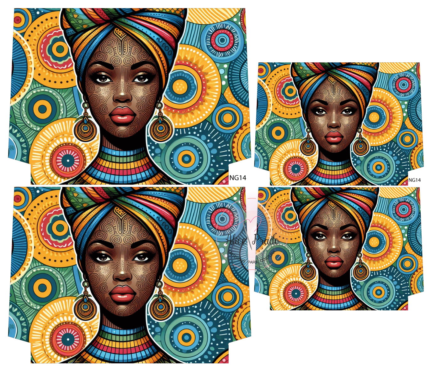 Ilustração artística de mulher com turbante colorido e padrões tribais no rosto em painéis