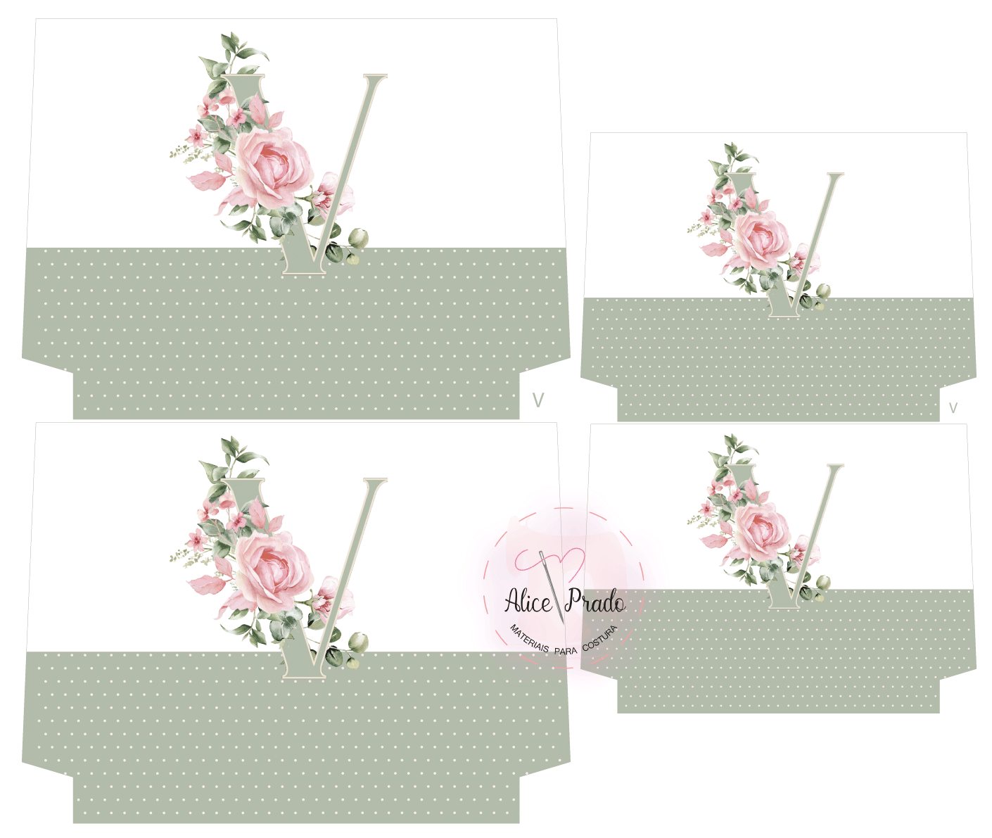 Caixas de papel com decoração floral e letra V, com selo Alice Prado personalização