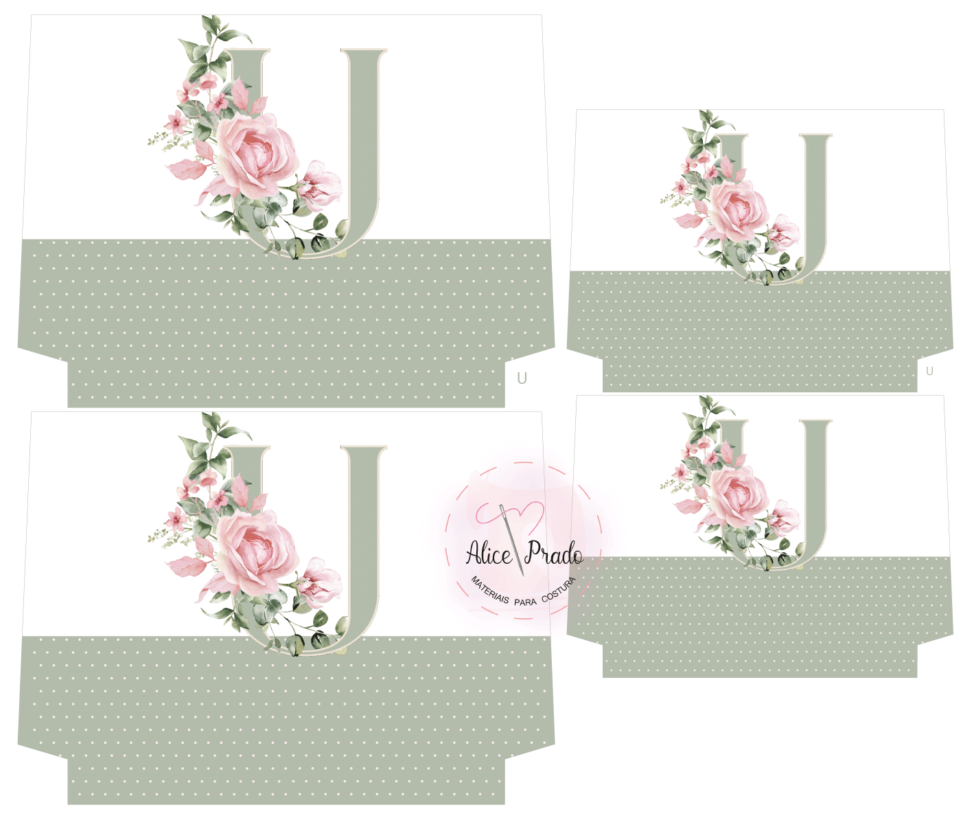 Modelos de caixas de papel com letra J floral e padrão de pontos brancos