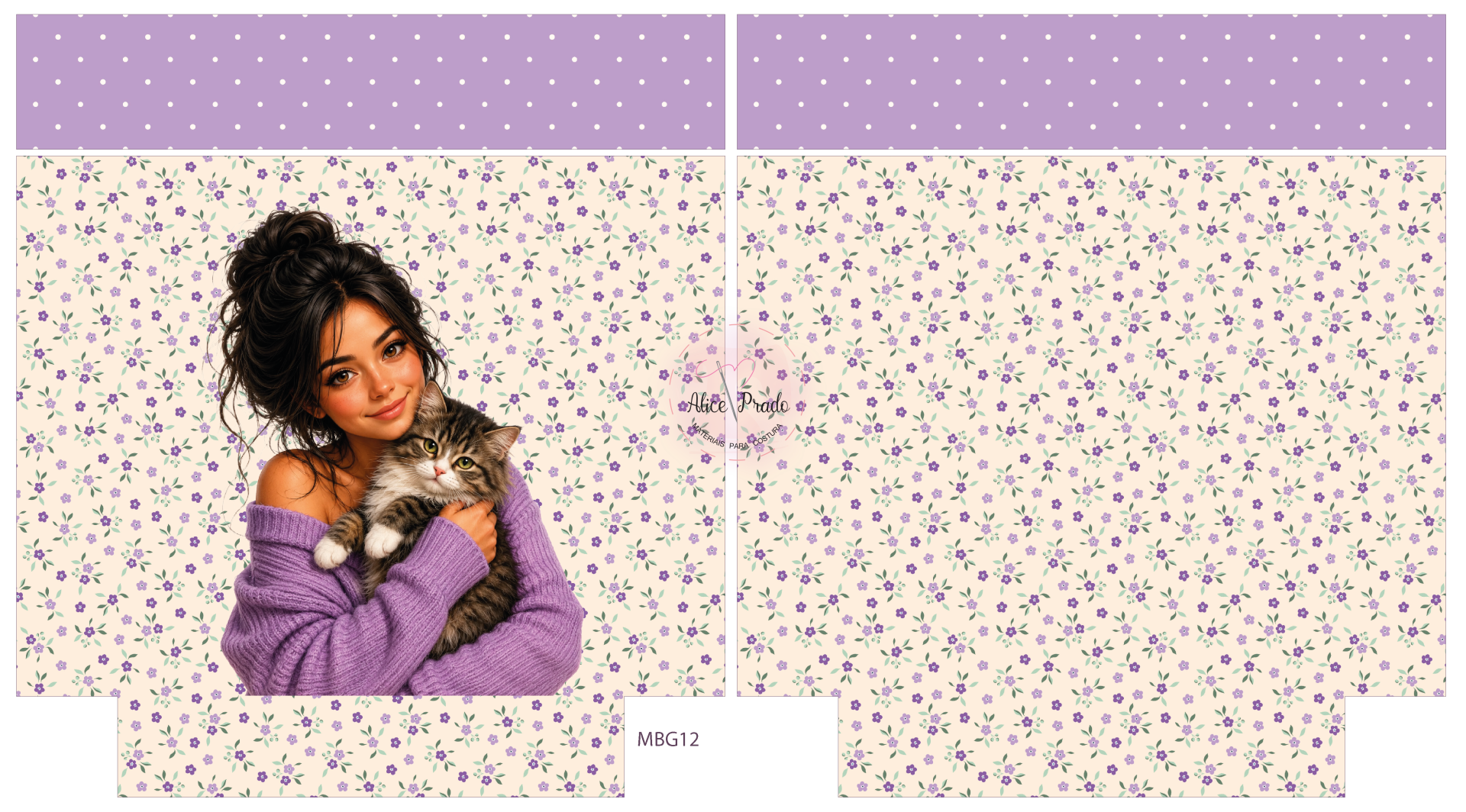 Padrão floral lilás sobre fundo creme com mulher segurando gato e texto MBG12