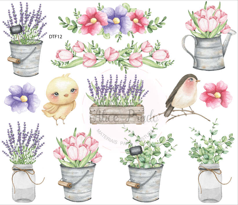 Ilustrações aquareladas de flores variadas e um passarinho em recipientes metálicos e de vidro
