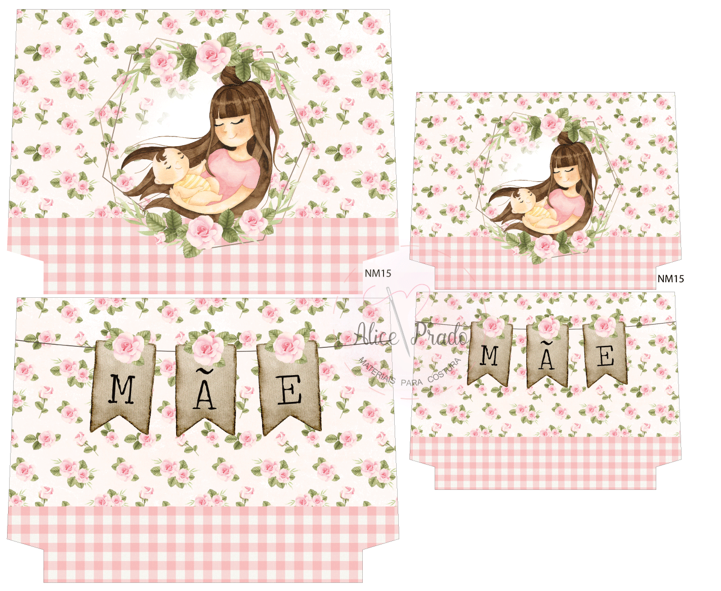 Embalagem decorativa com padrão floral e ilustração de rapariga e coelho, com texto »MÃE« em bandeirolas.