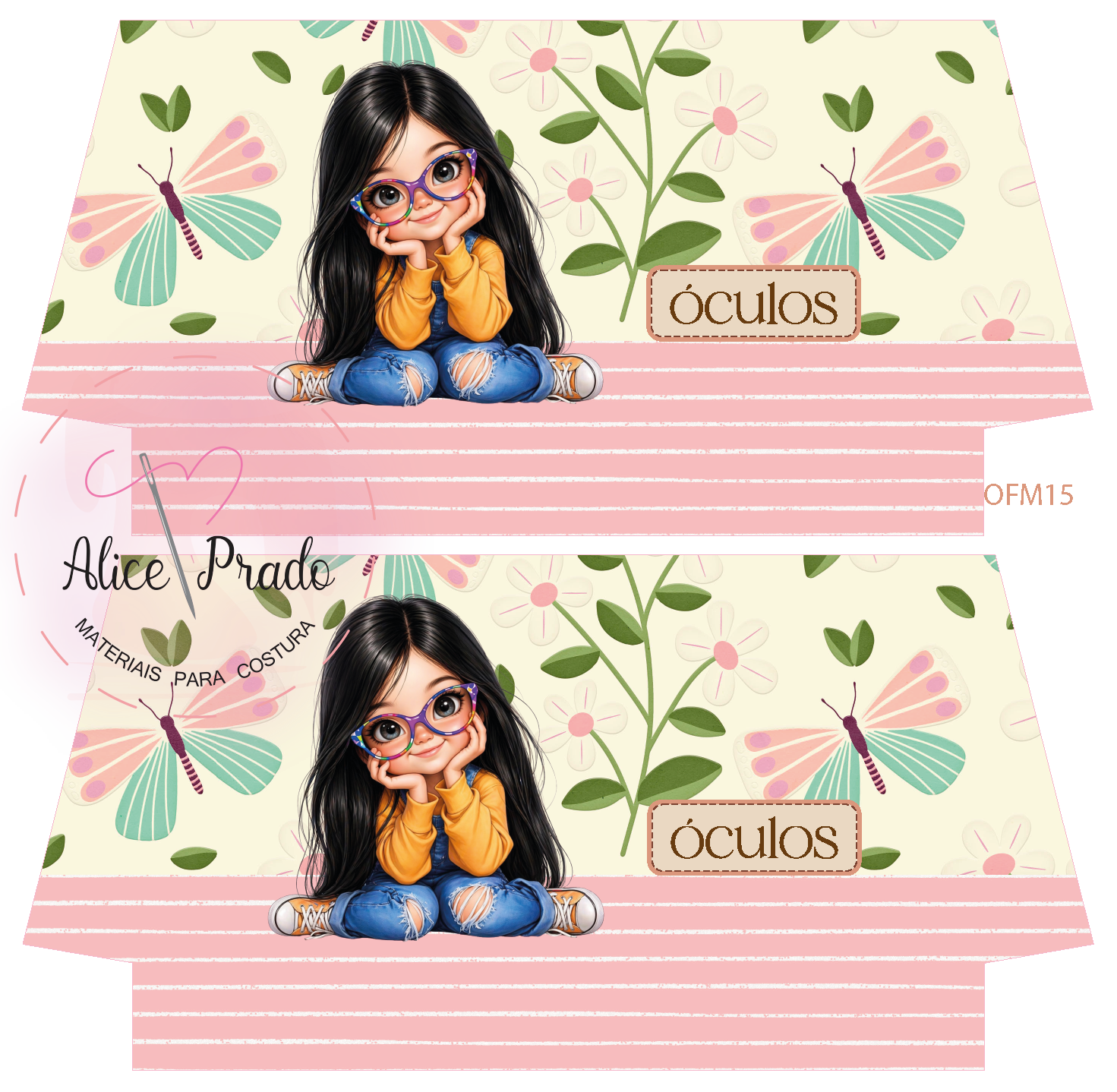 Etiqueta com ilustração de menina com óculos e fundo floral com borboletas
