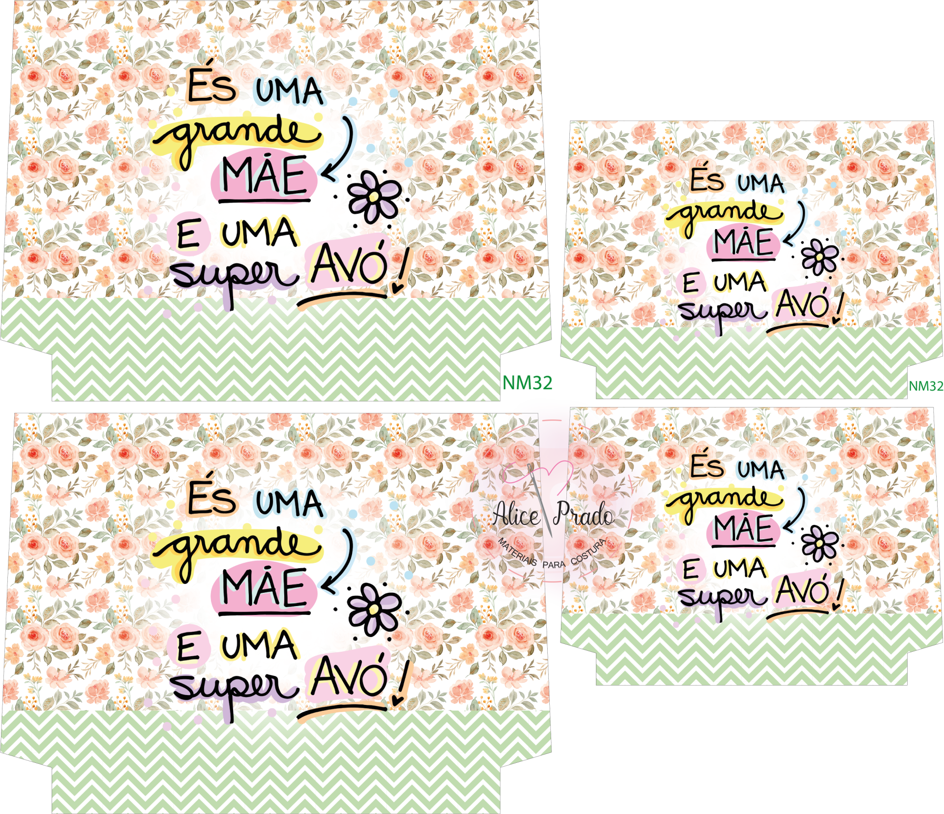 Embalagem com texto 'ÉS UMA grande MÃE E UMA super AVÓ!' e padrão floral rosa e verde