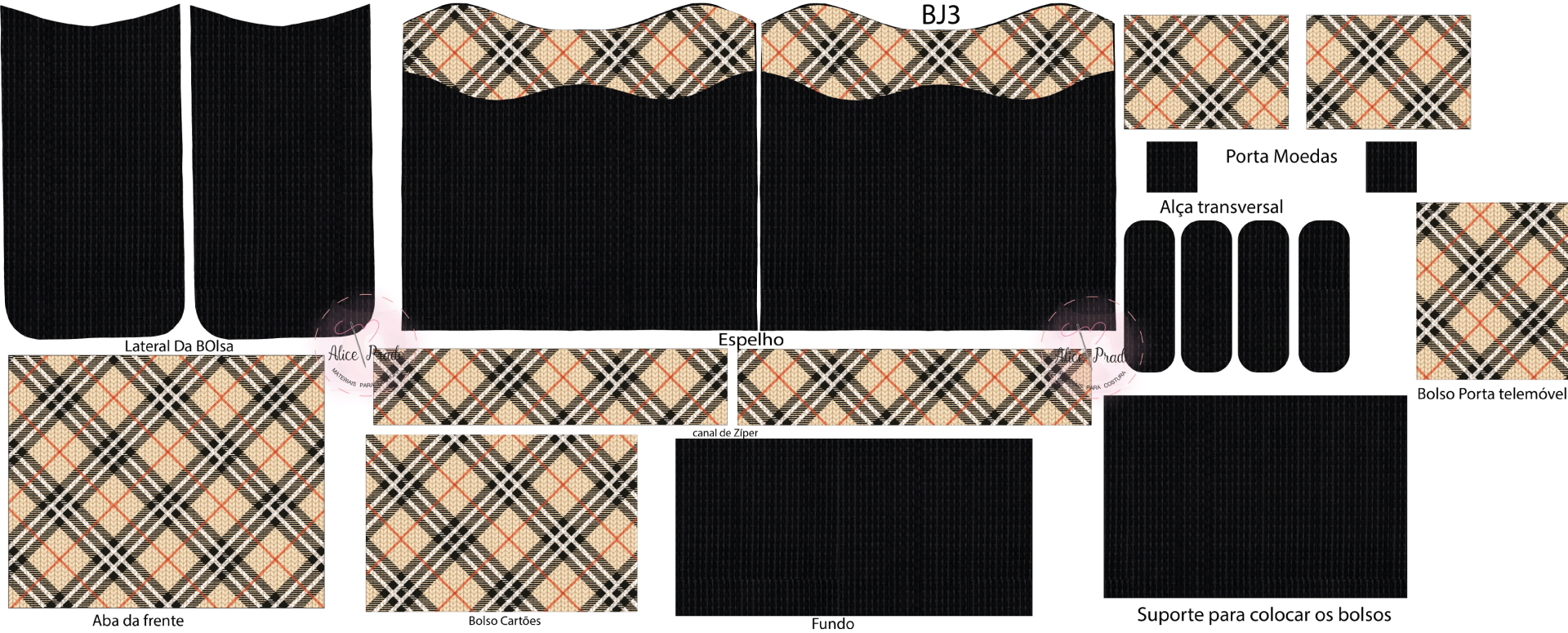 Peças de tecido quadriculado bege, rosa, preto e branco, e tecido preto liso para confeção