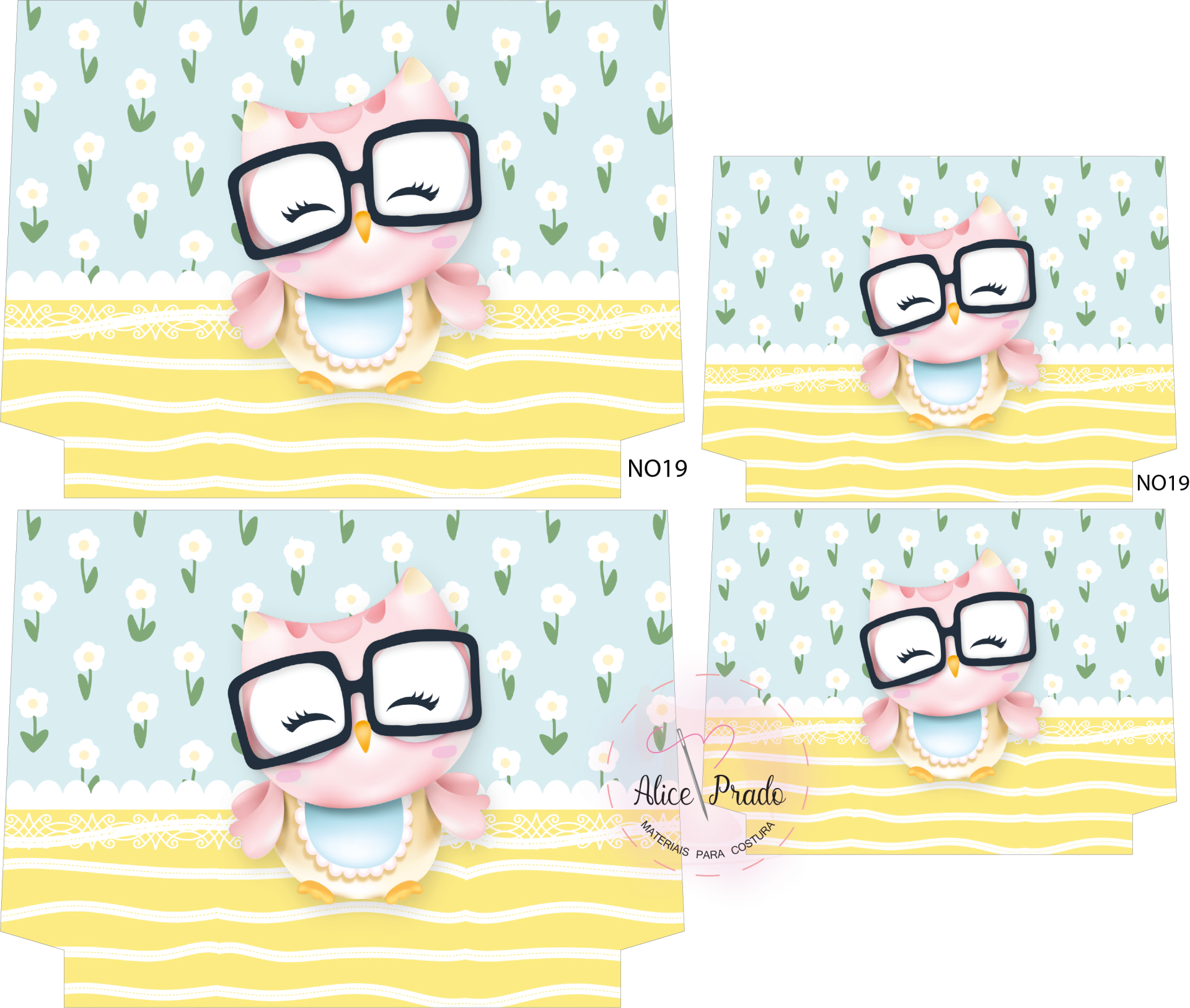 Embalagem de papel com desenho de coruja e padrões florais e riscas amarelas.