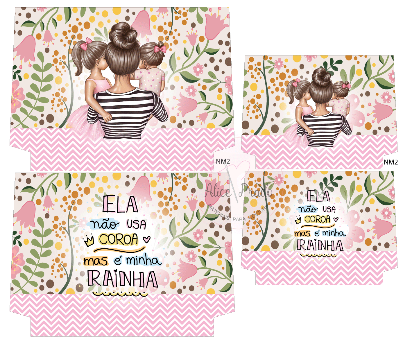Postal decorativo com mulher e filhos, fundo floral, padrão rosa e texto em português