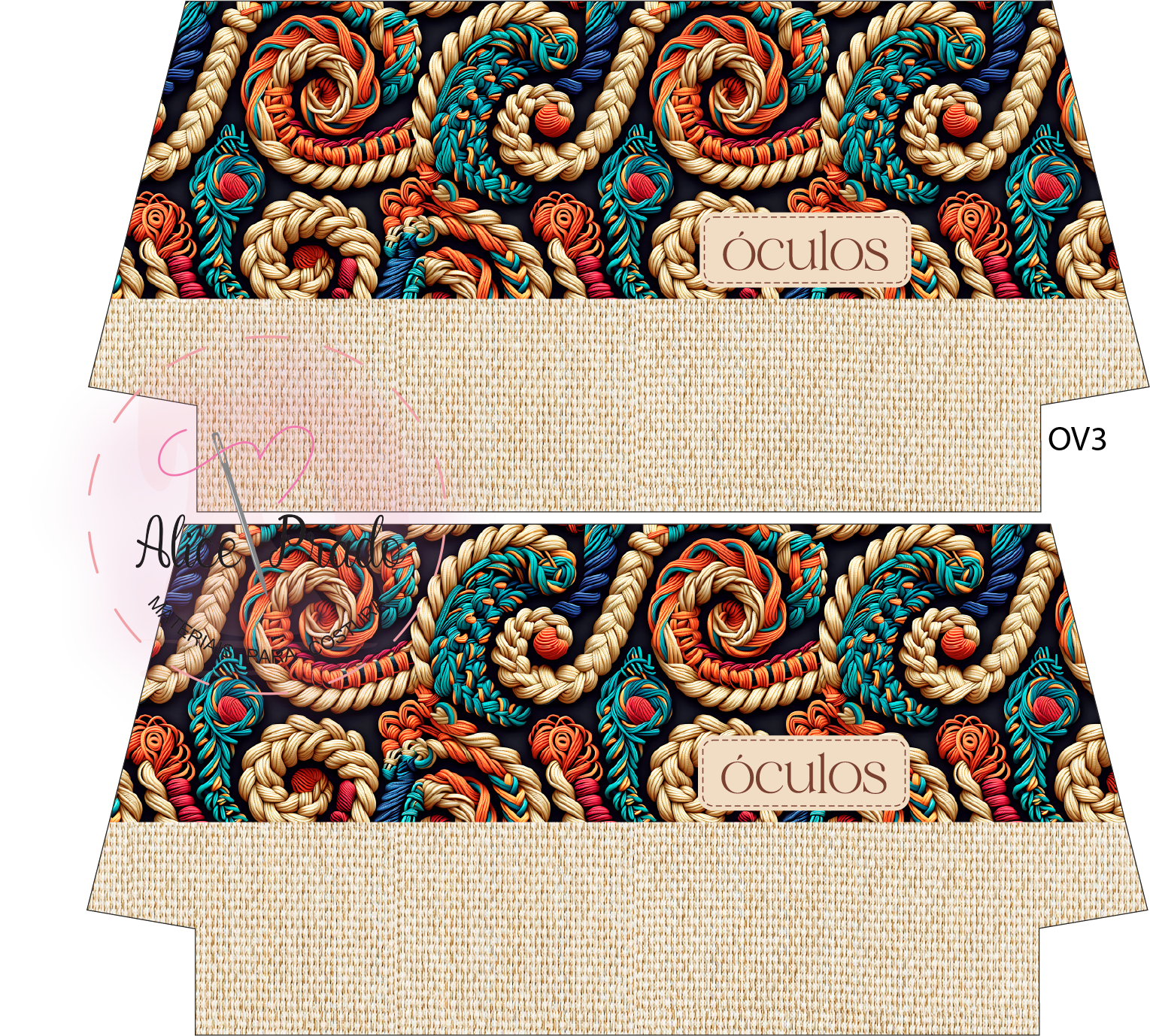 Sacolas ou caixas para óculos com padrão de cordas coloridas e etiqueta ÔCULOS