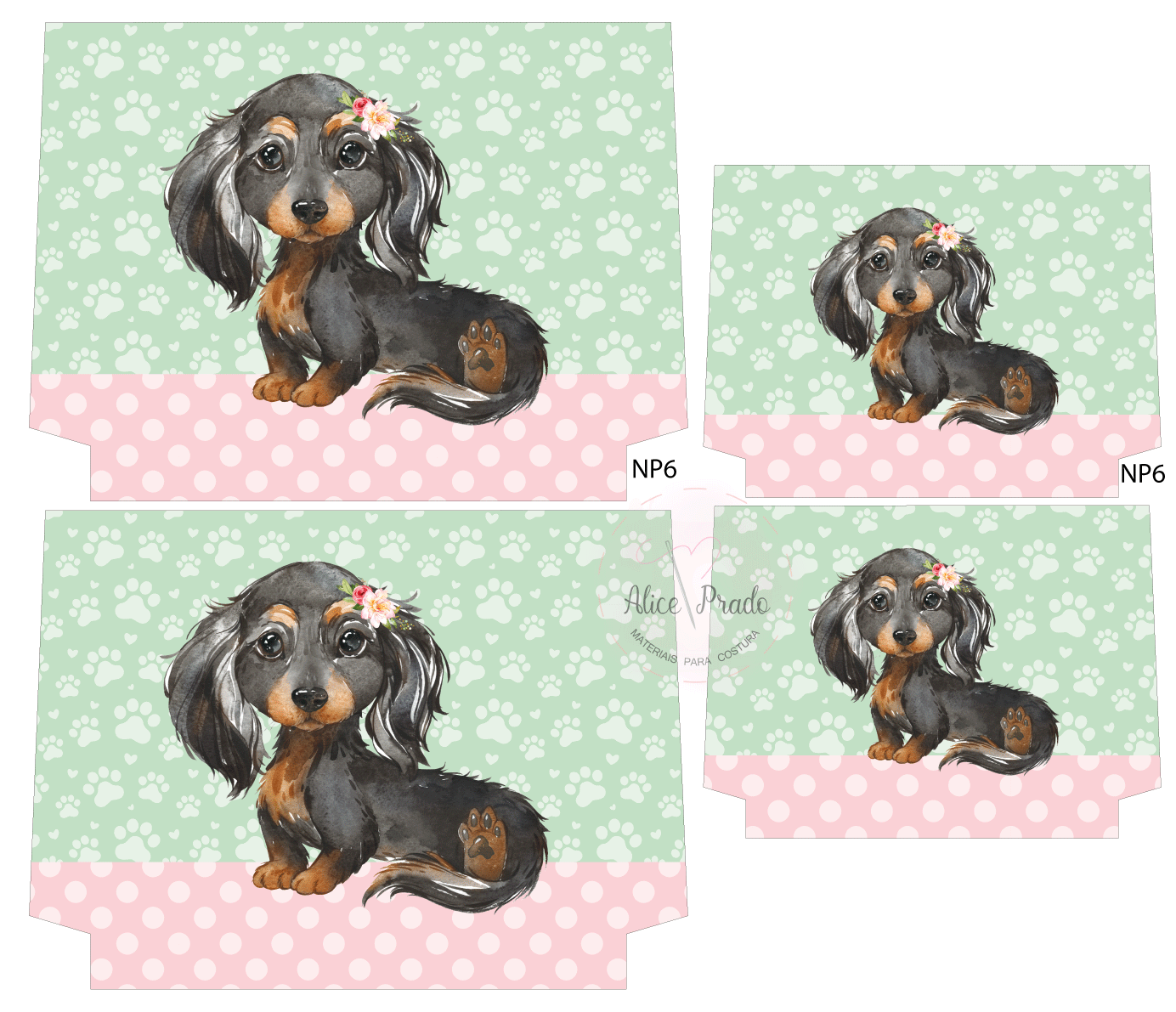 Capas de almofada com desenho de cachorro Dachshund sobre fundo verde com patas e faixa rosa com bolinhas, código NP6