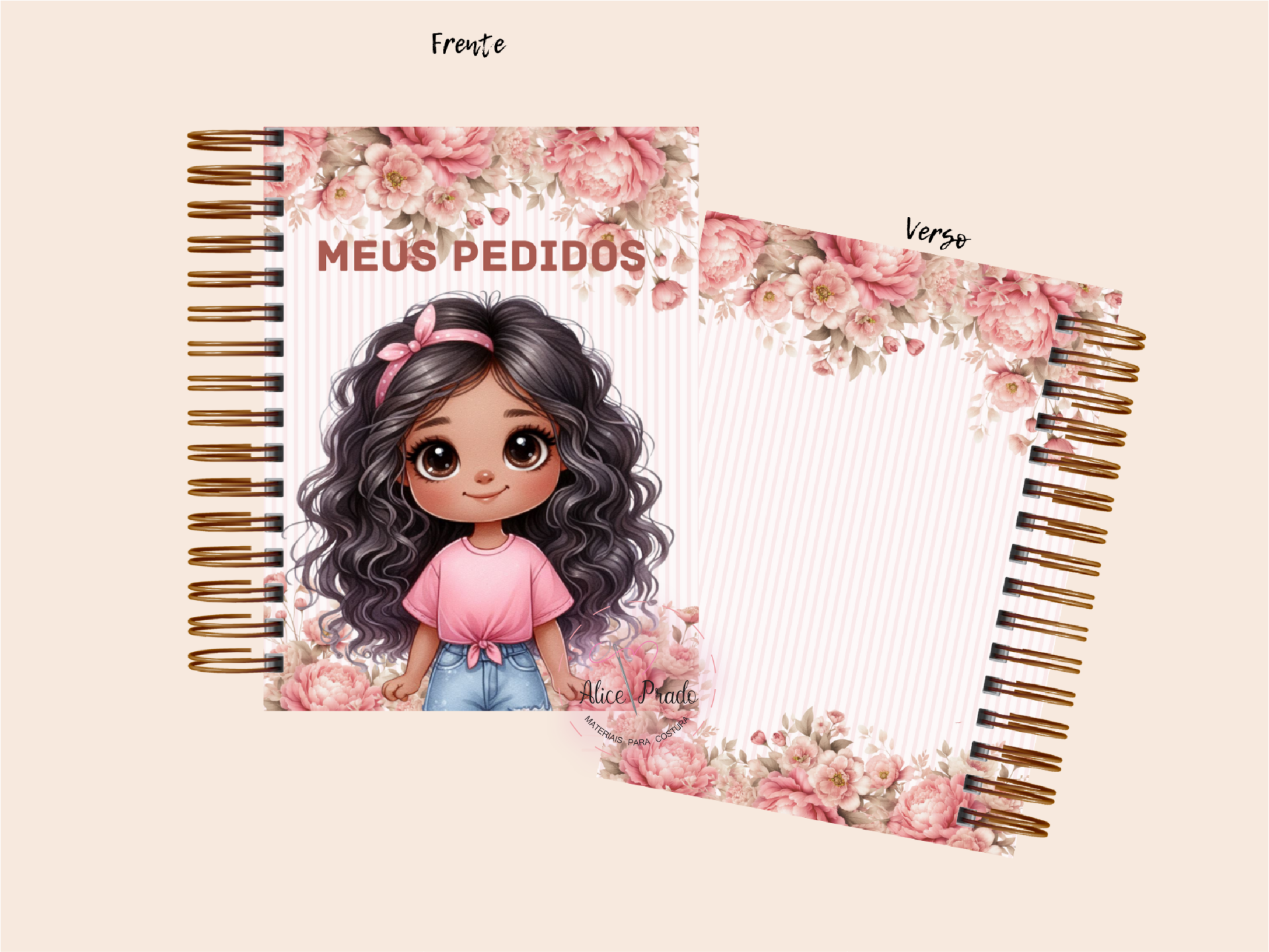 Caderno floral com ilustração de menina e texto MEUS PEDIDOS