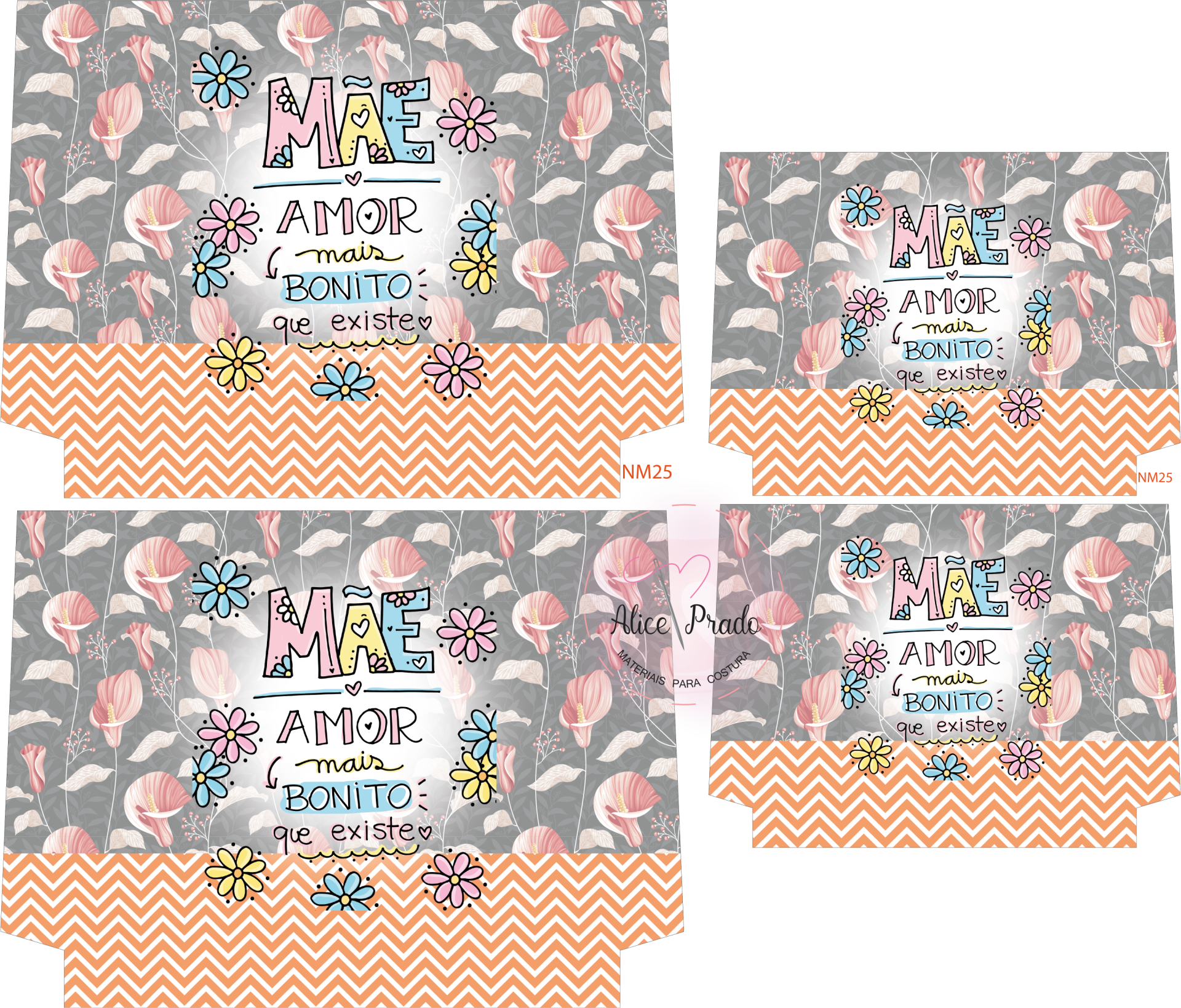 Papel/cartão decorativo para oferta com texto e flores em fundo cinza e padrão zig-zag laranja.