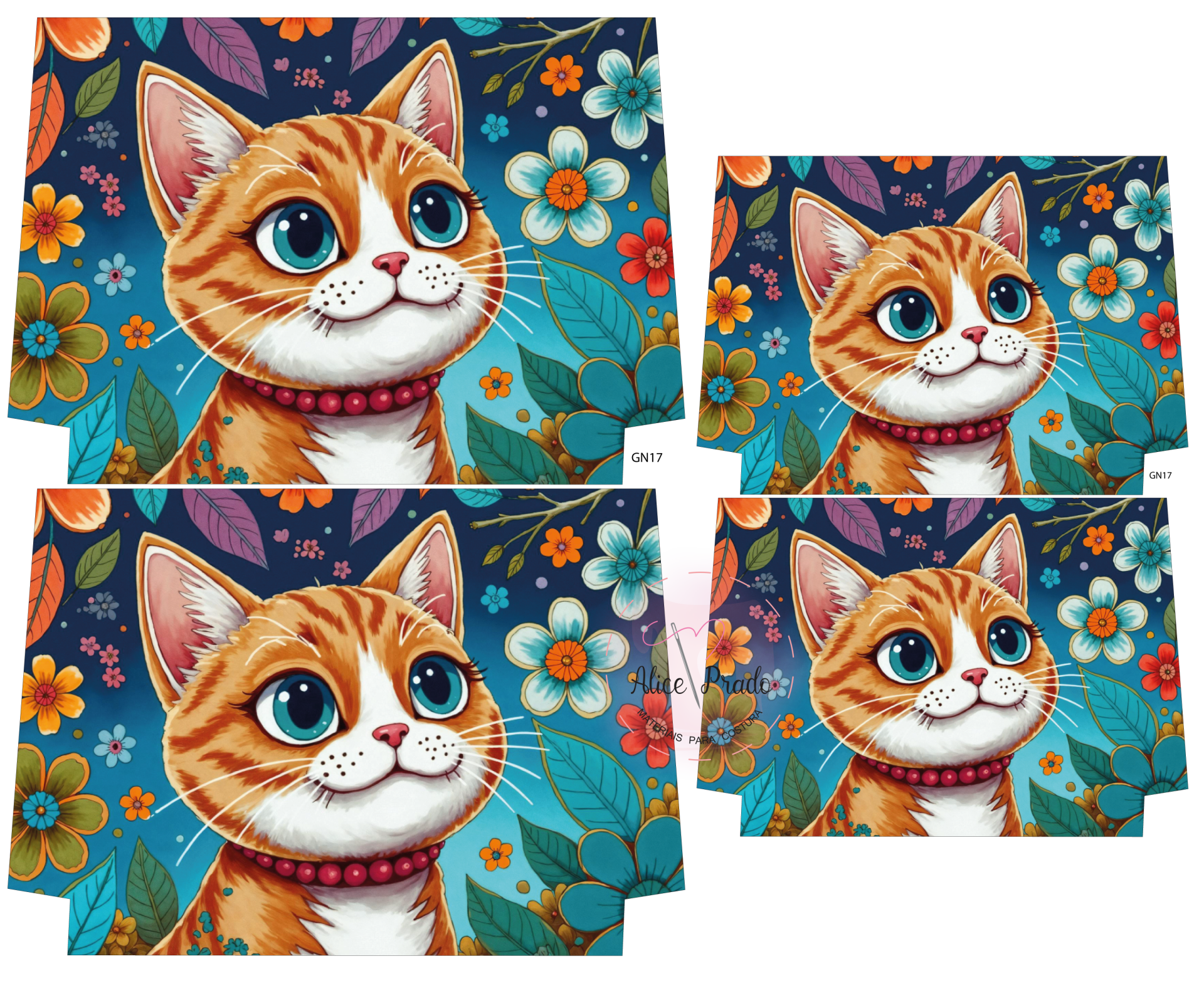 Estampa têxtil gato laranja olhos azuis com flores coloridas em fundo azul