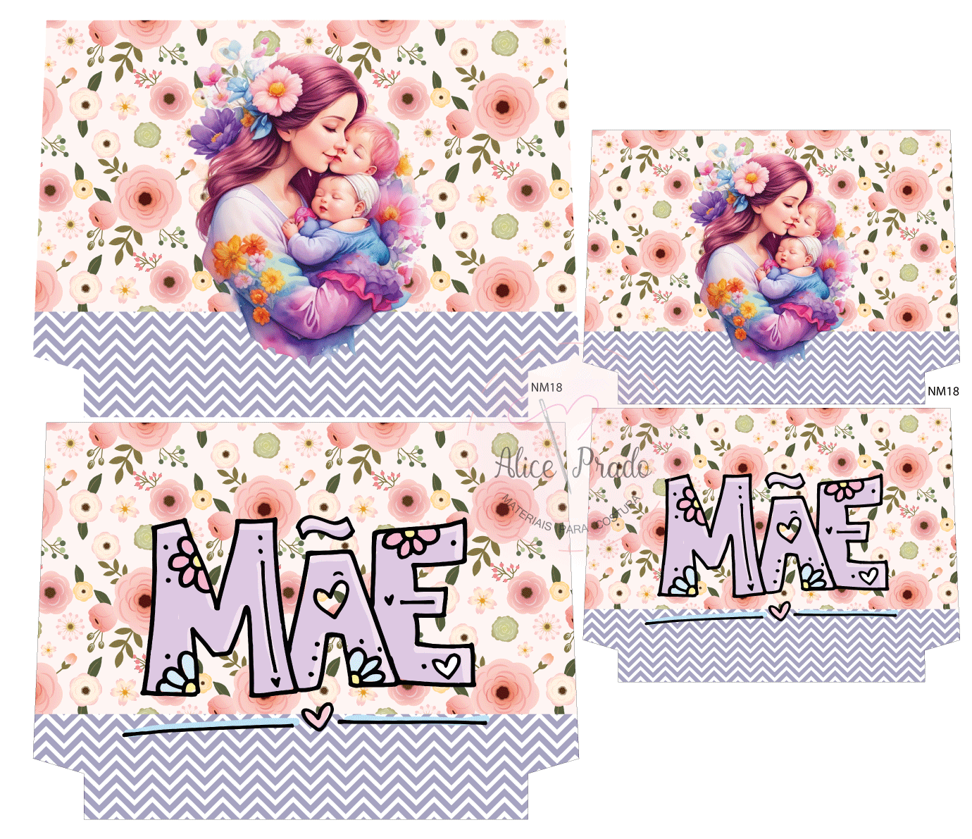 Papelaria com desenho de mãe e bebé, padrão floral e texto MÃE