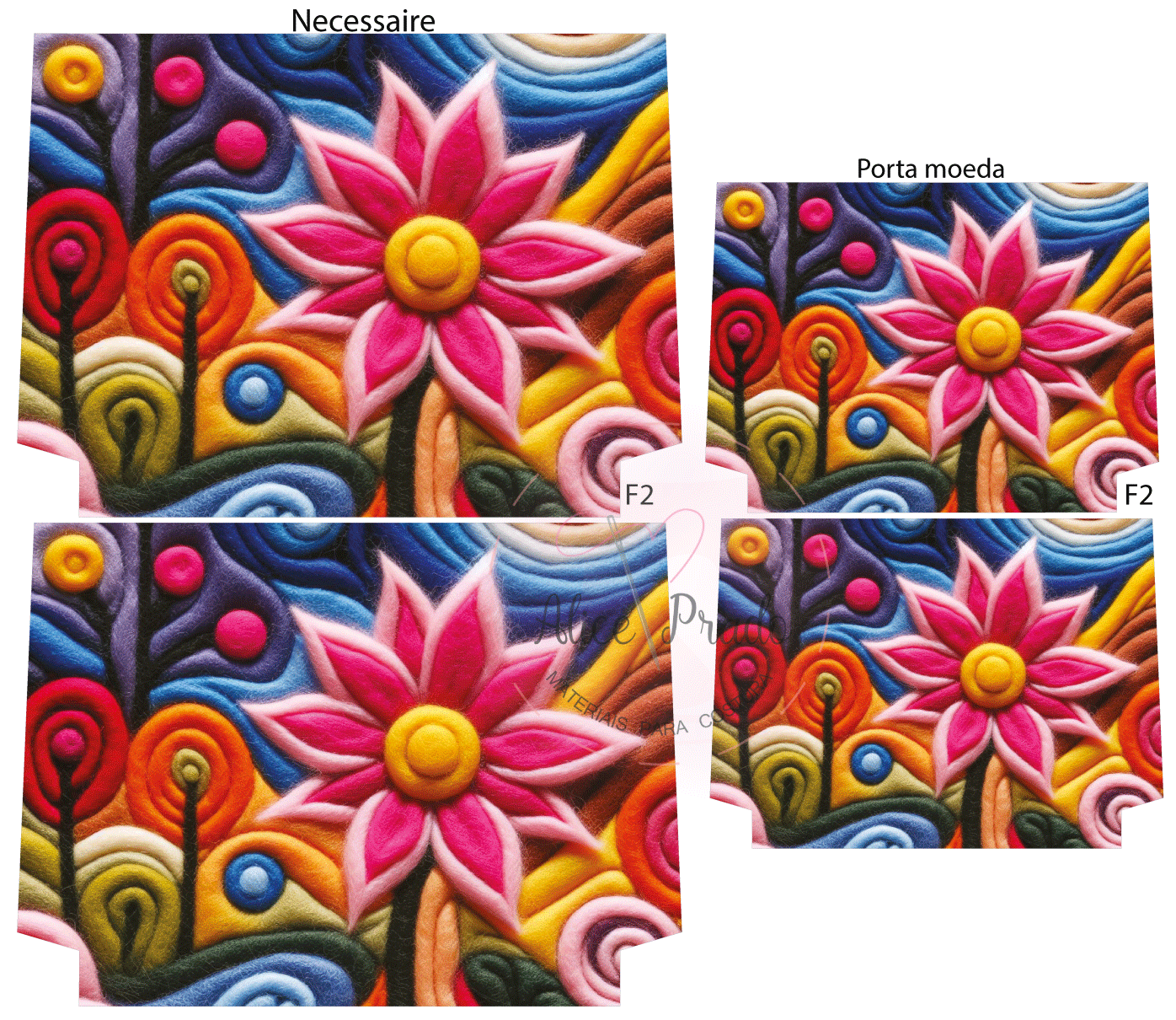 Necessaire e porta moeda com padrão colorido em relevo de flor e folhas