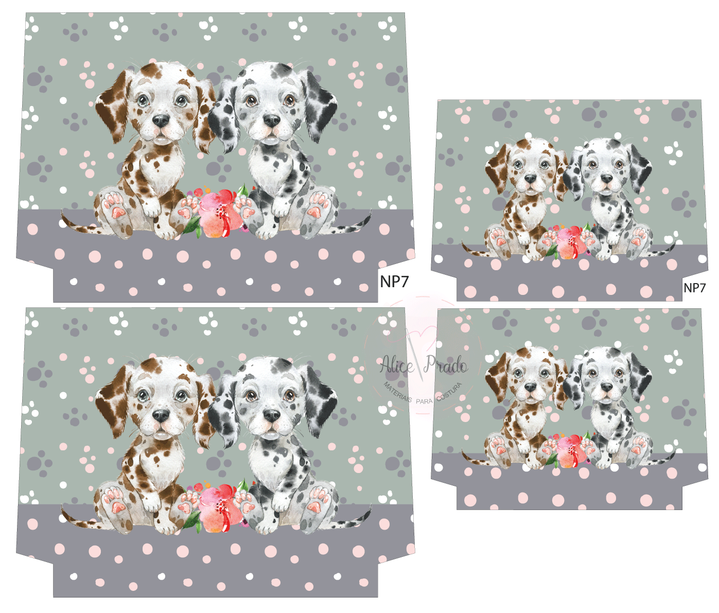 Caixas dobráveis com design de dálmatas e flores em fundo cinza com bolinhas cor-de-rosa