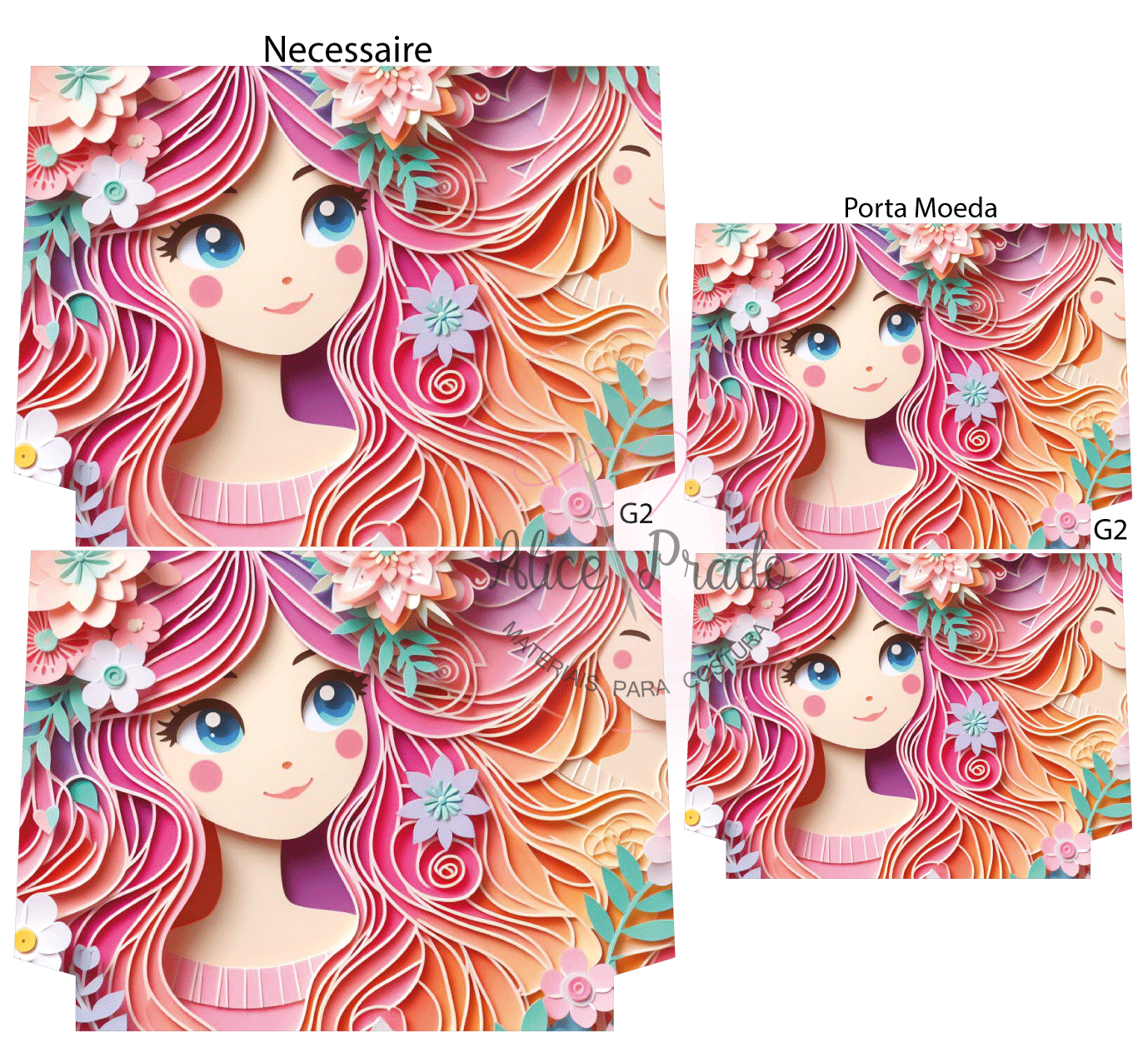 Conjunto necessaire e porta moeda com estampa colorida de menina e flores