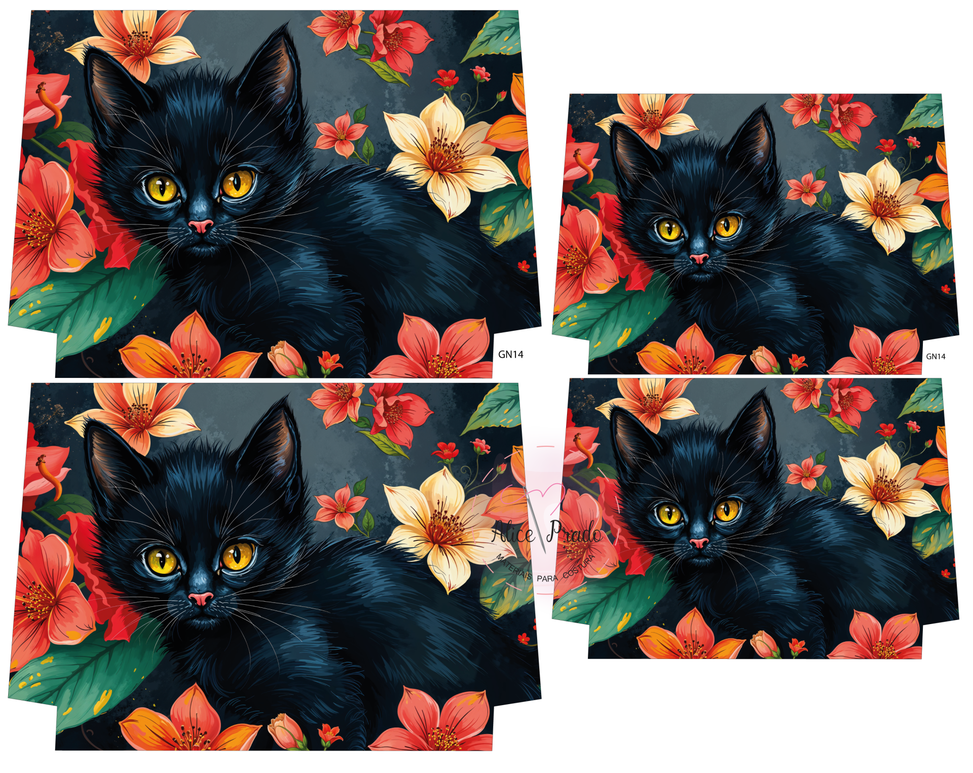 Gato preto digital com olhos amarelos e flores laranja e creme ao redor