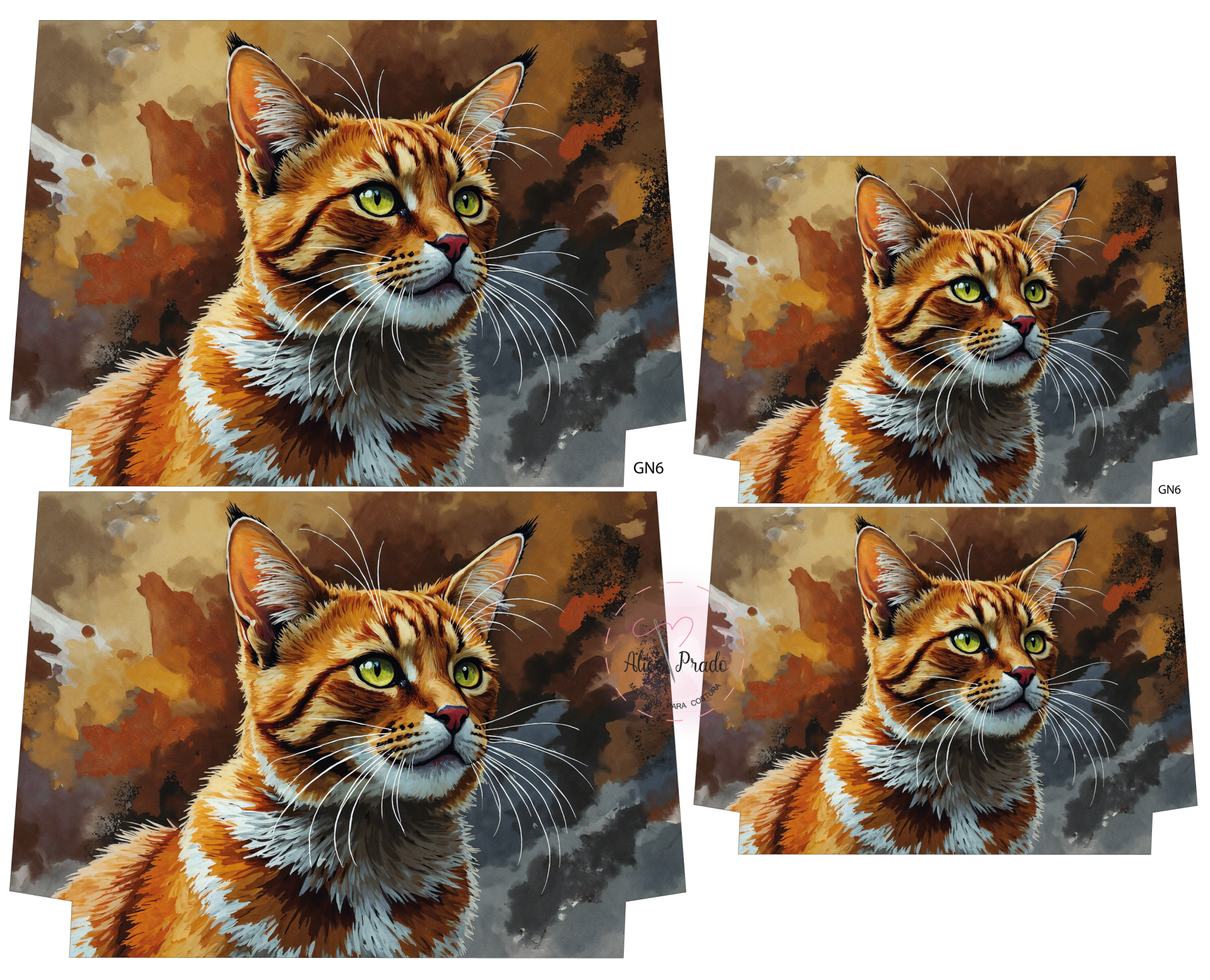 Impressões de gato laranja com olhos verdes e fundo abstrato castanho