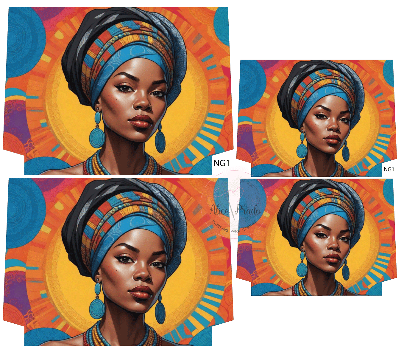 Retrato digital de mulher com turbante colorido e fundo circular amarelo e azul