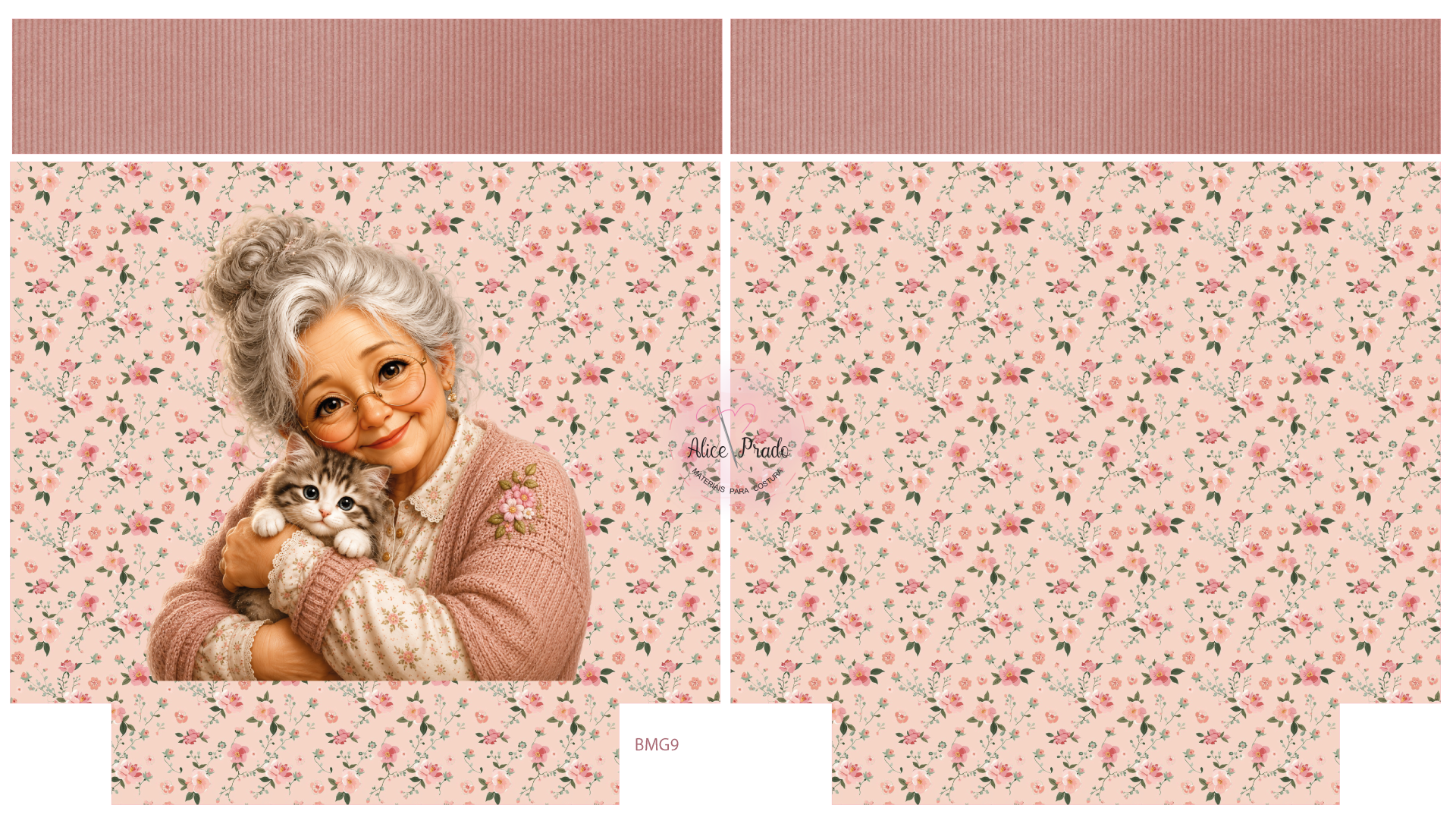 Painel de tecido com estampa floral e ilustração de mulher idosa a segurar um gato.